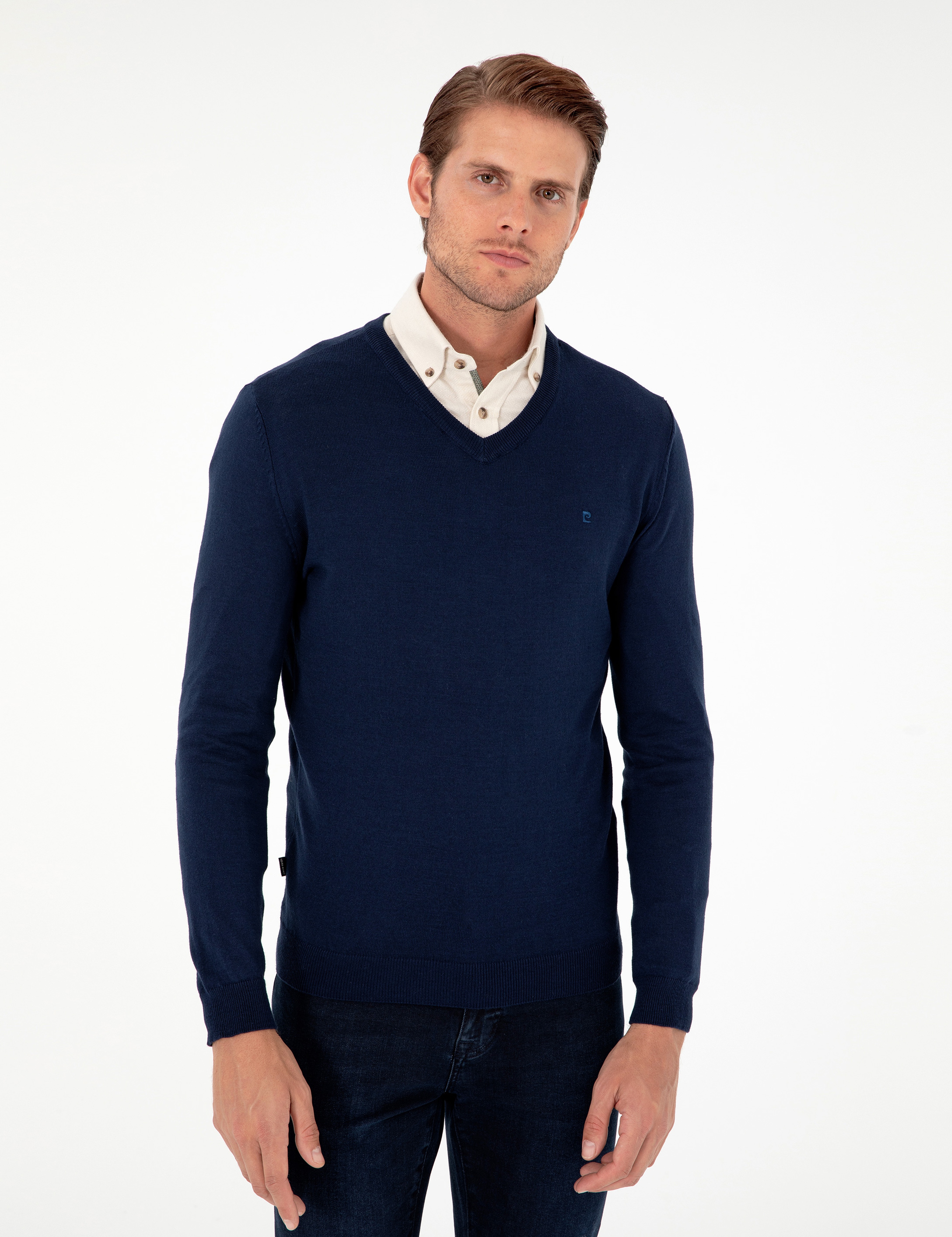 Açık Lacivert Slim Fit V Yaka Basic Triko Kazak - Image 3
