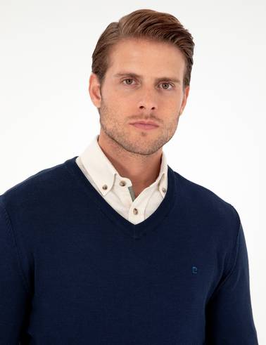 Açık Lacivert Slim Fit V Yaka Basic Triko Kazak