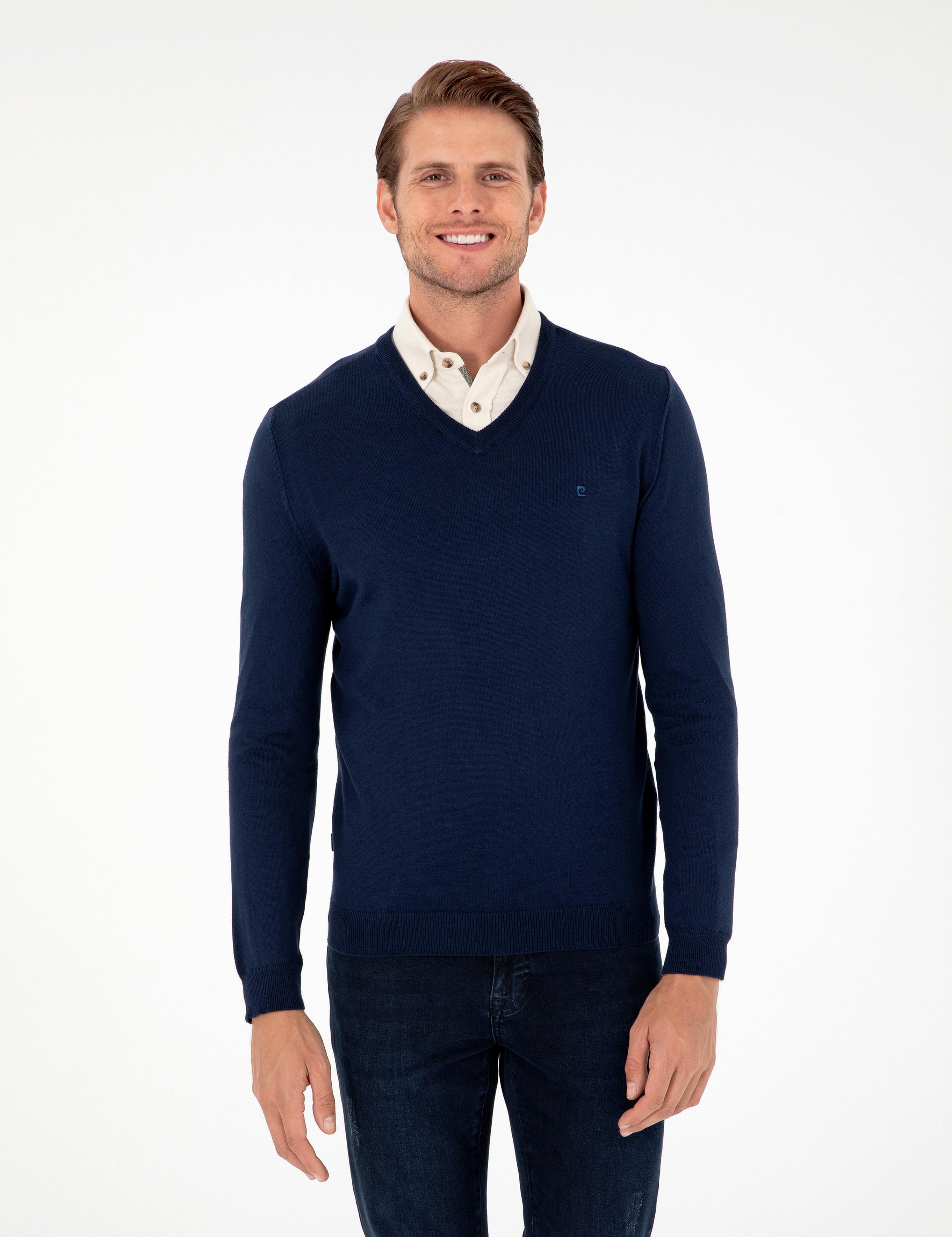 Açık Lacivert Slim Fit V Yaka Basic Triko Kazak