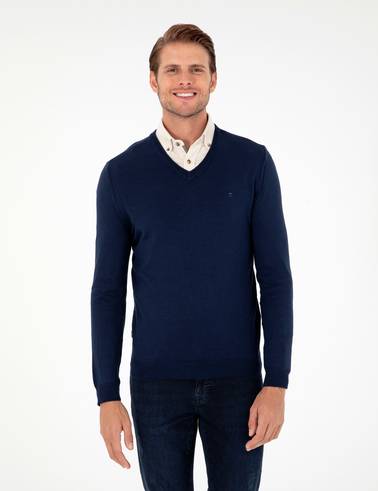 Açık Lacivert Slim Fit V Yaka Basic Triko Kazak