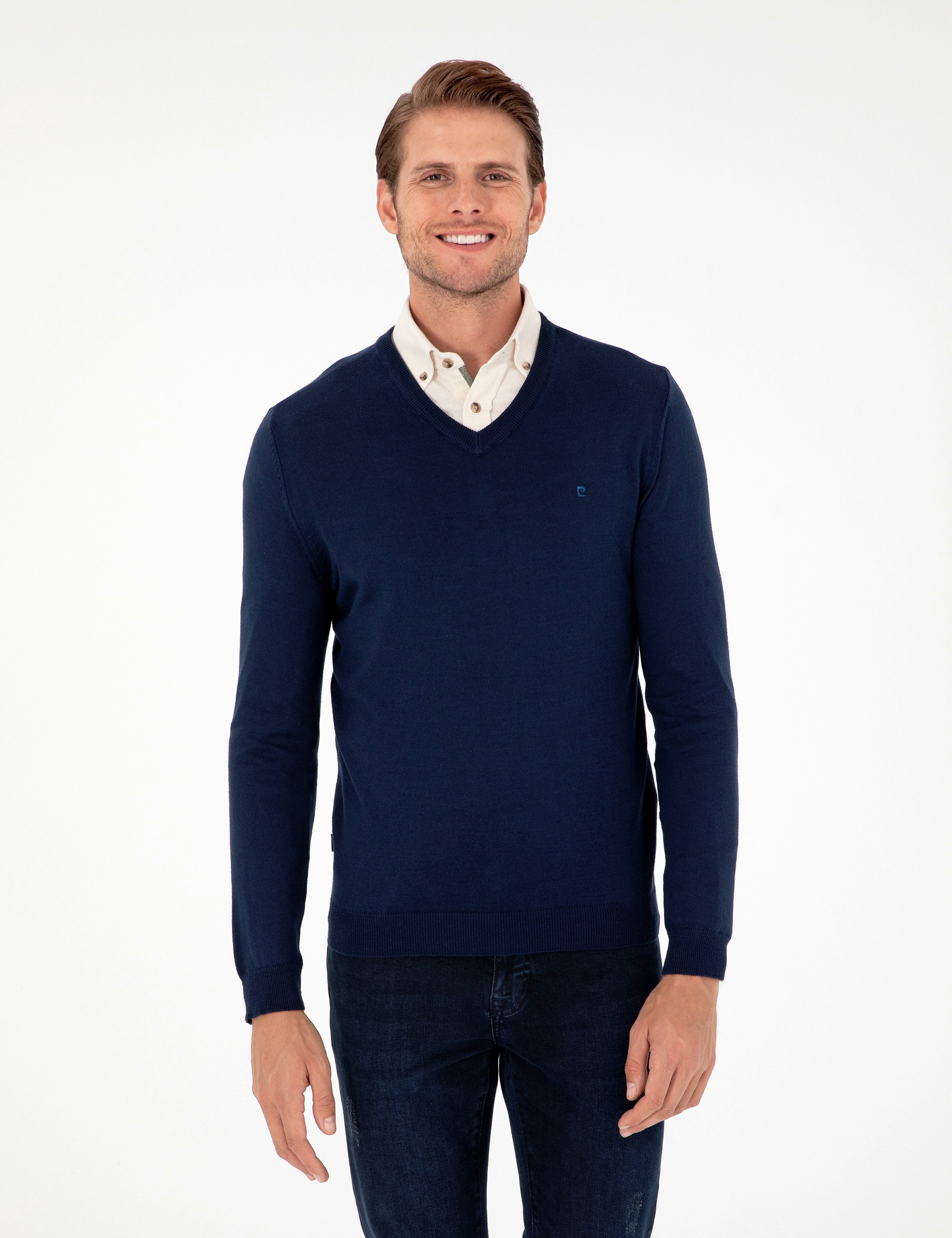 Açık Lacivert Slim Fit V Yaka Basic Triko Kazak - Image 1