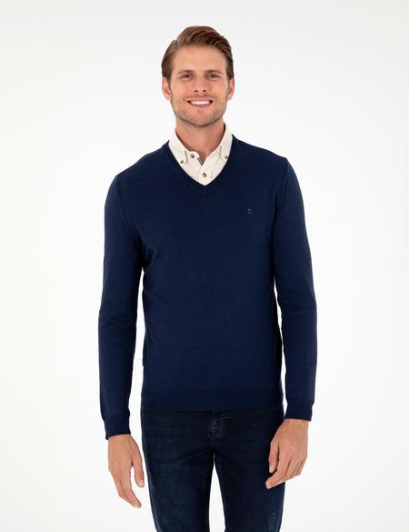 Açık Lacivert Slim Fit V Yaka Basic Triko Kazak - 50296622027