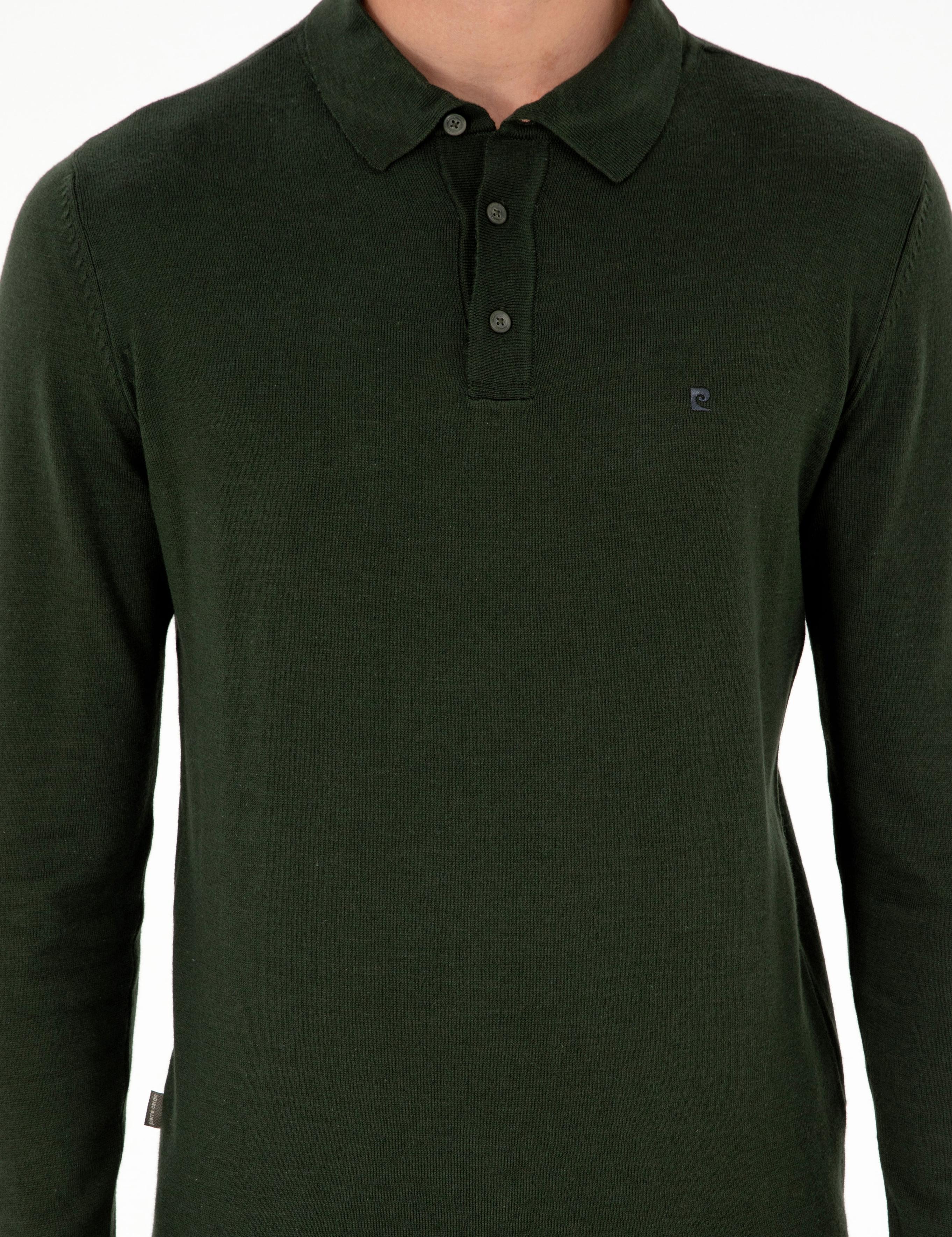 Koyu Yeşil Slim Fit Polo Yaka Basic Triko Kazak