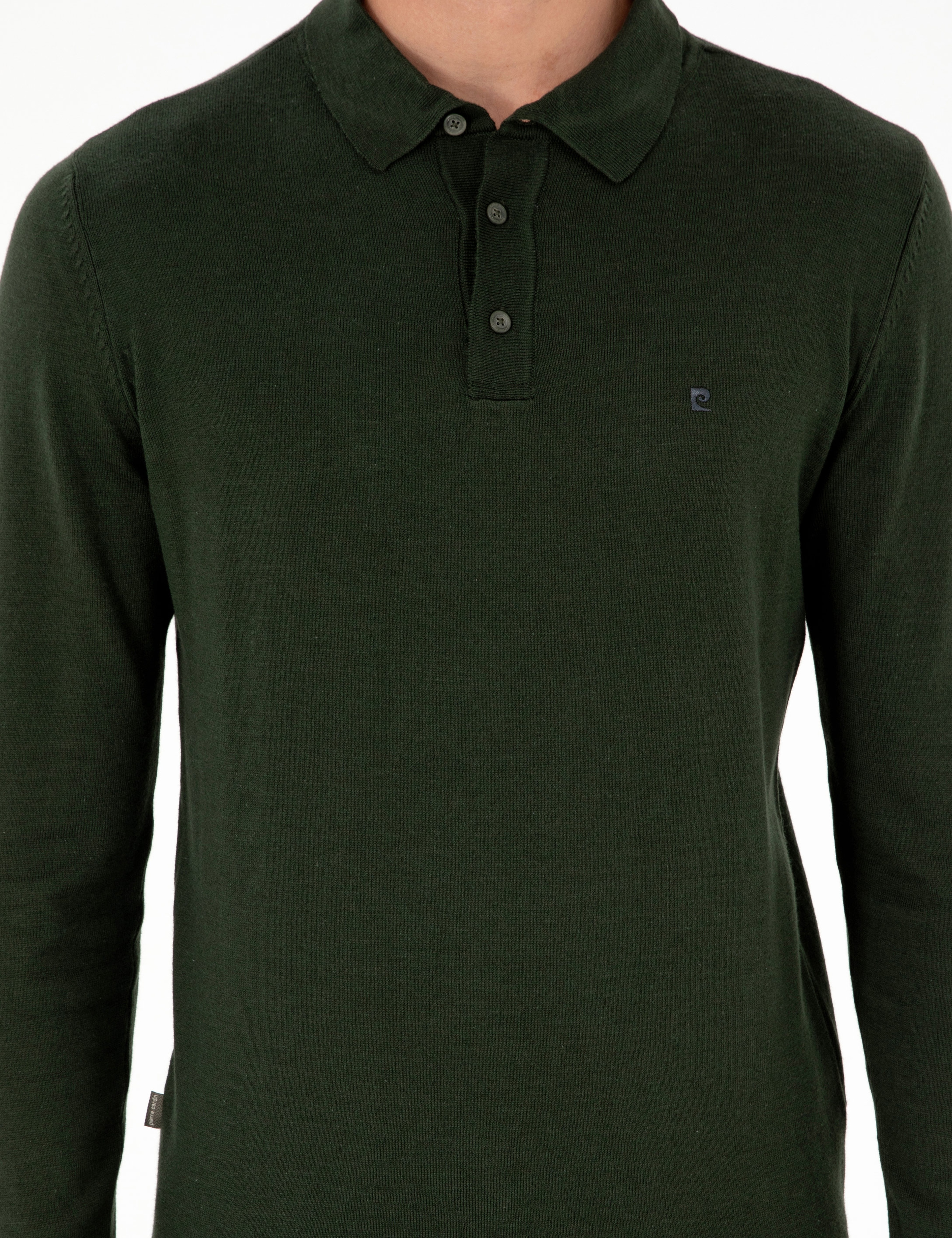 Koyu Yeşil Slim Fit Polo Yaka Basic Triko Kazak