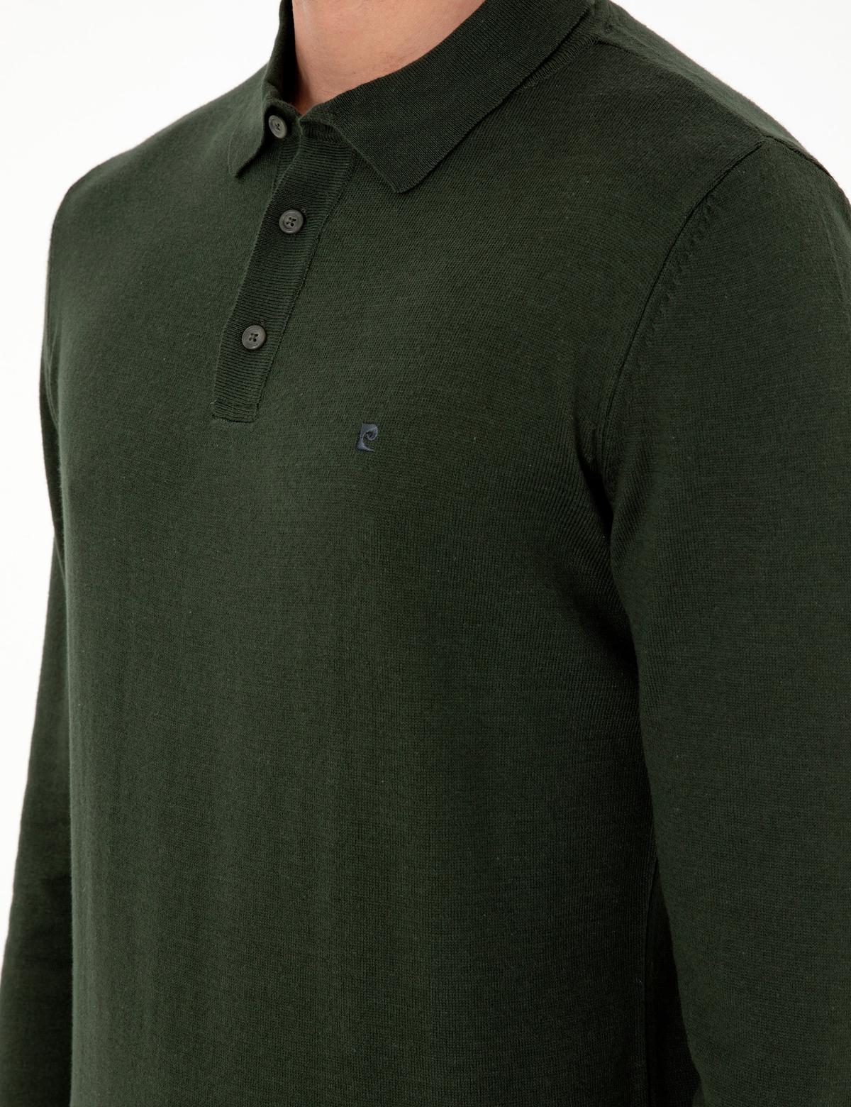 Koyu Yeşil Slim Fit Polo Yaka Basic Triko Kazak - 50296623023