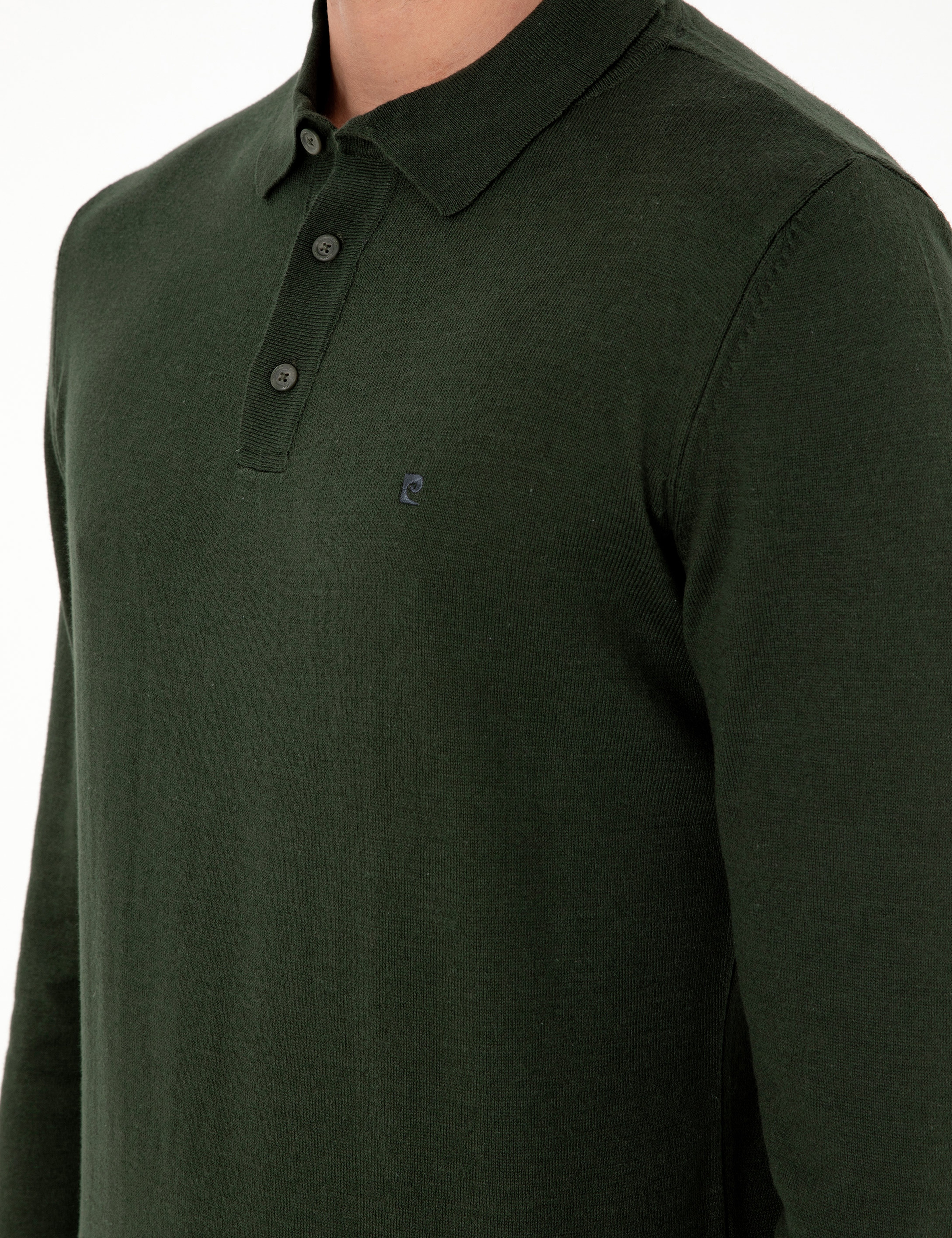 Koyu Yeşil Slim Fit Polo Yaka Basic Triko Kazak - Image 7