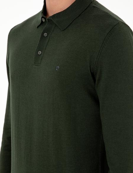 Koyu Yeşil Slim Fit Polo Yaka Basic Triko Kazak - 50296623023