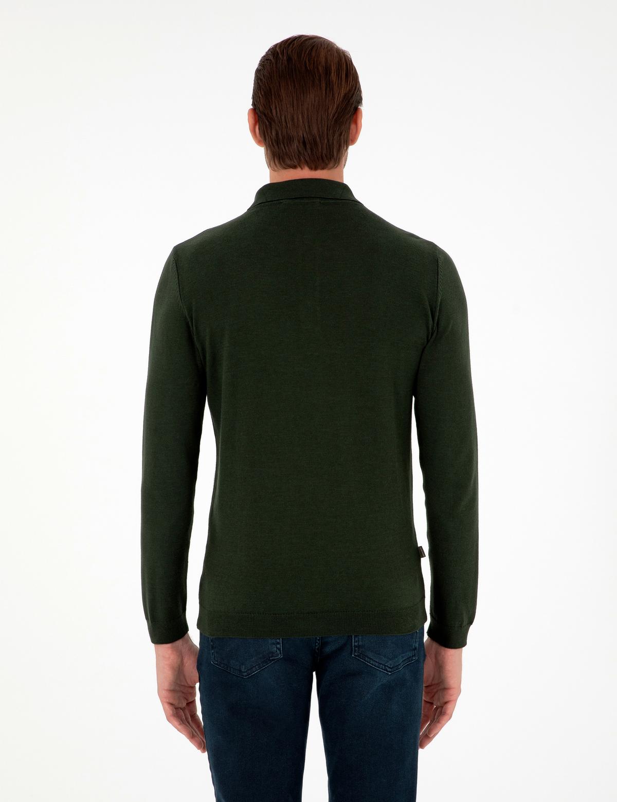 Koyu Yeşil Slim Fit Polo Yaka Basic Triko Kazak - 50296623023