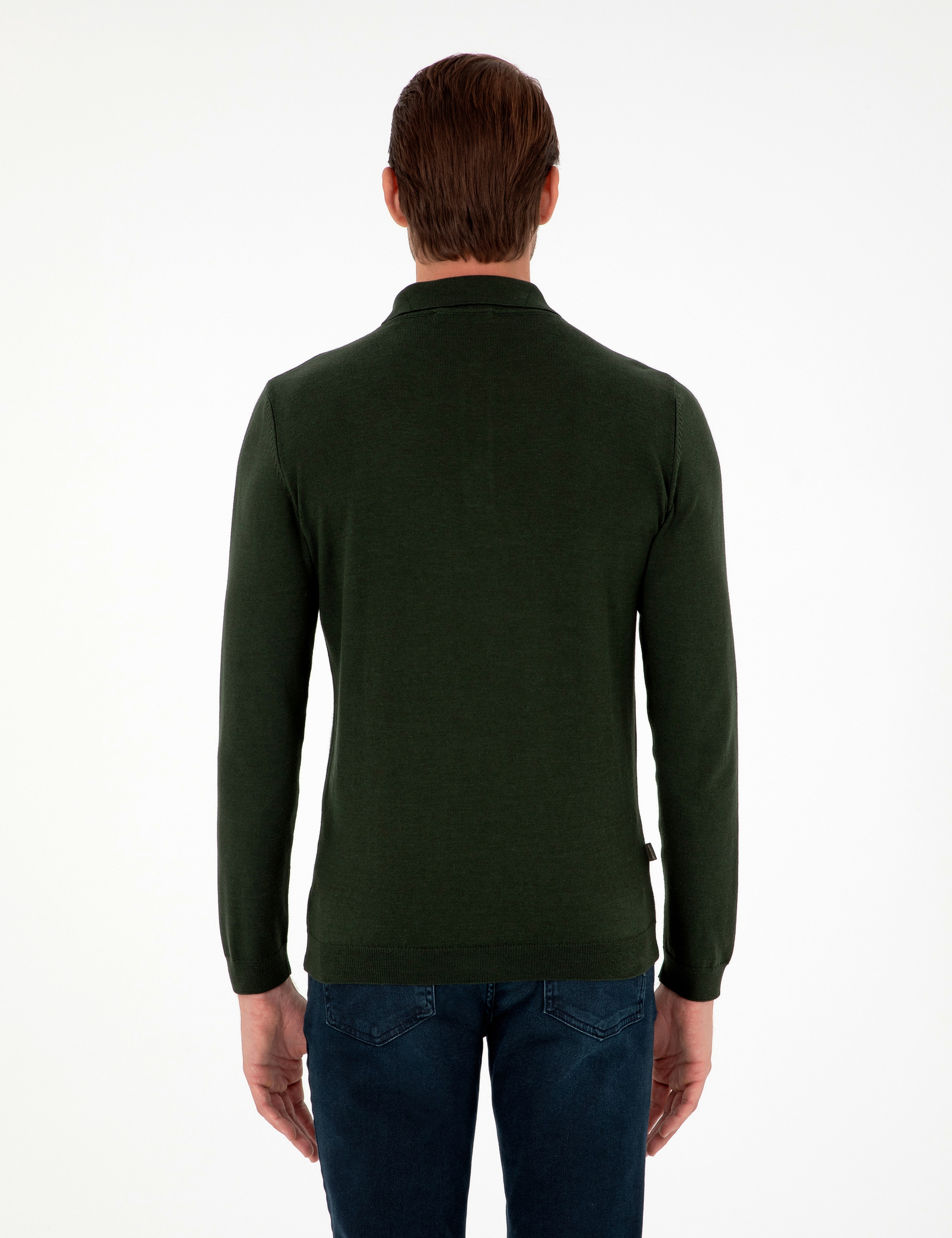 Koyu Yeşil Slim Fit Polo Yaka Basic Triko Kazak - Image 5