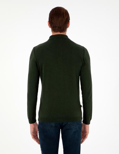 Koyu Yeşil Slim Fit Polo Yaka Basic Triko Kazak - 50296623023