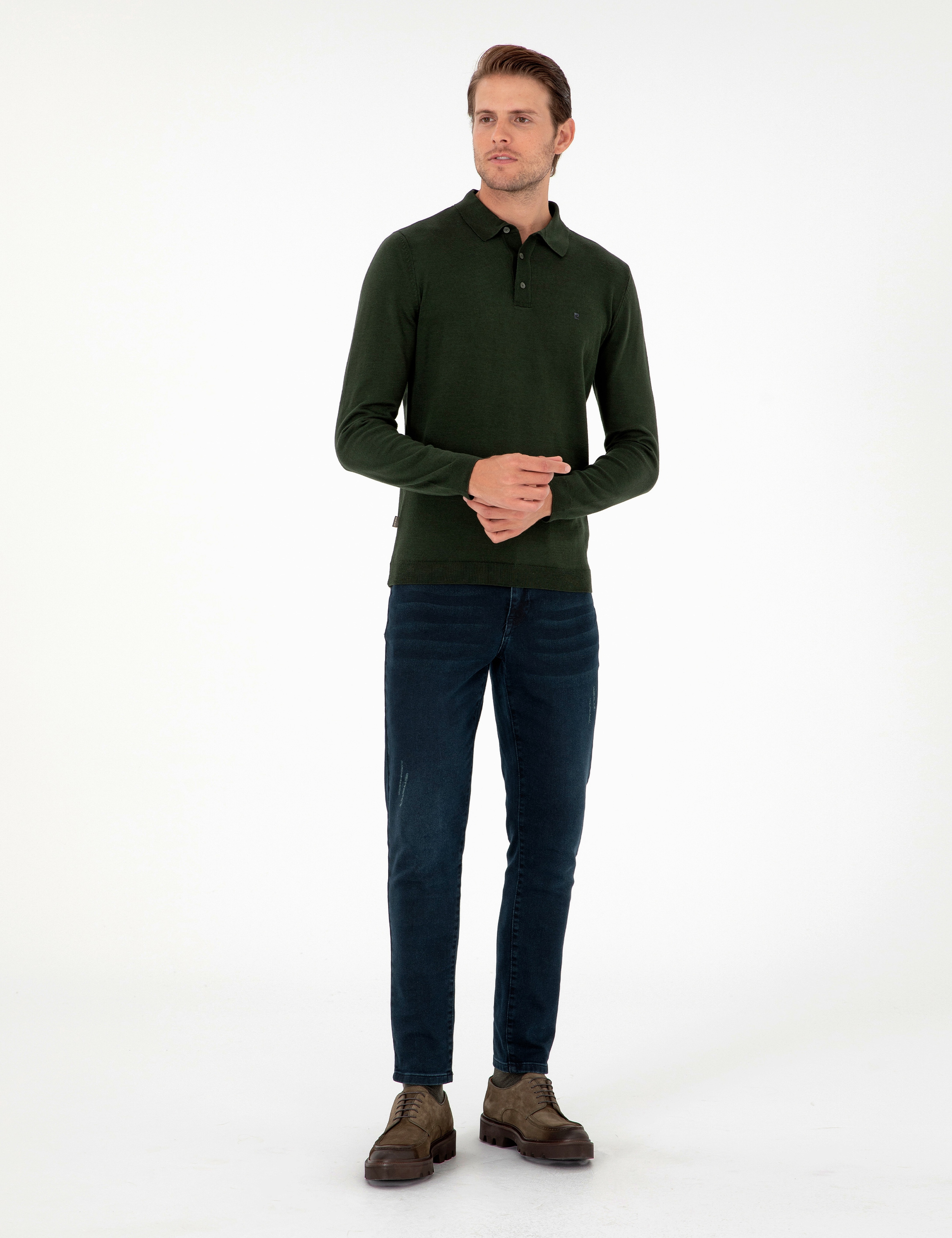 Koyu Yeşil Slim Fit Polo Yaka Basic Triko Kazak - Image 4