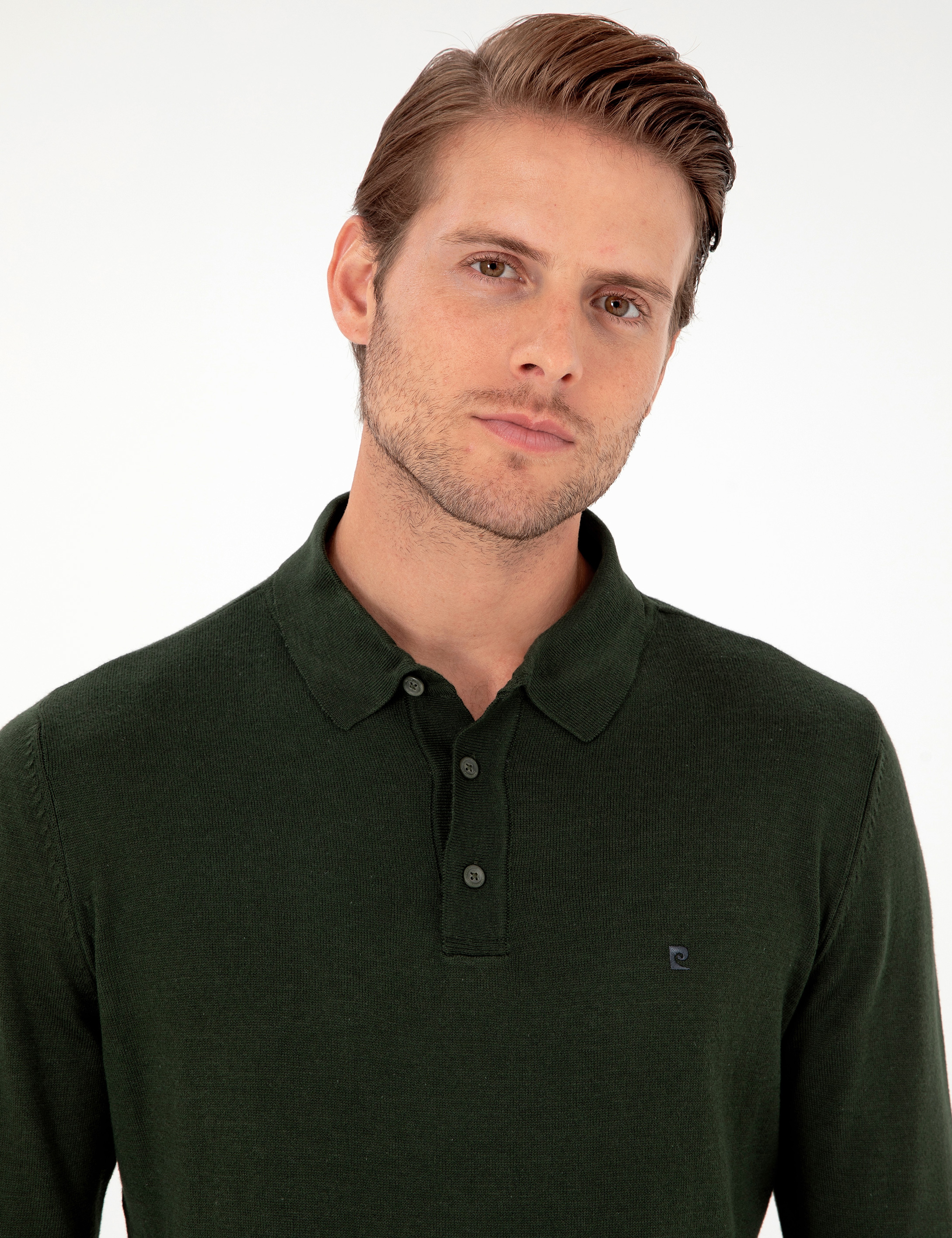 Koyu Yeşil Slim Fit Polo Yaka Basic Triko Kazak - Image 2