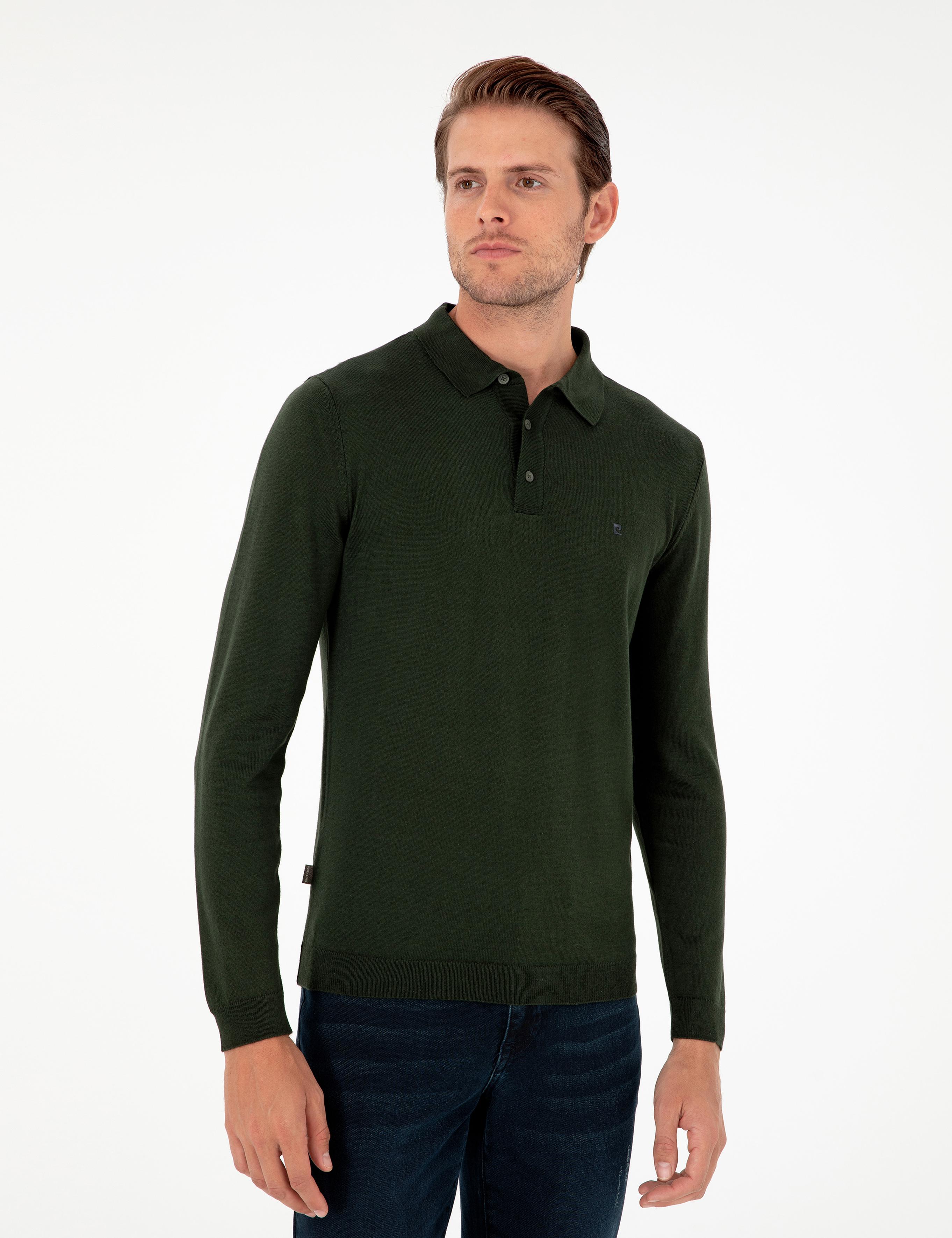 Koyu Yeşil Slim Fit Polo Yaka Basic Triko Kazak