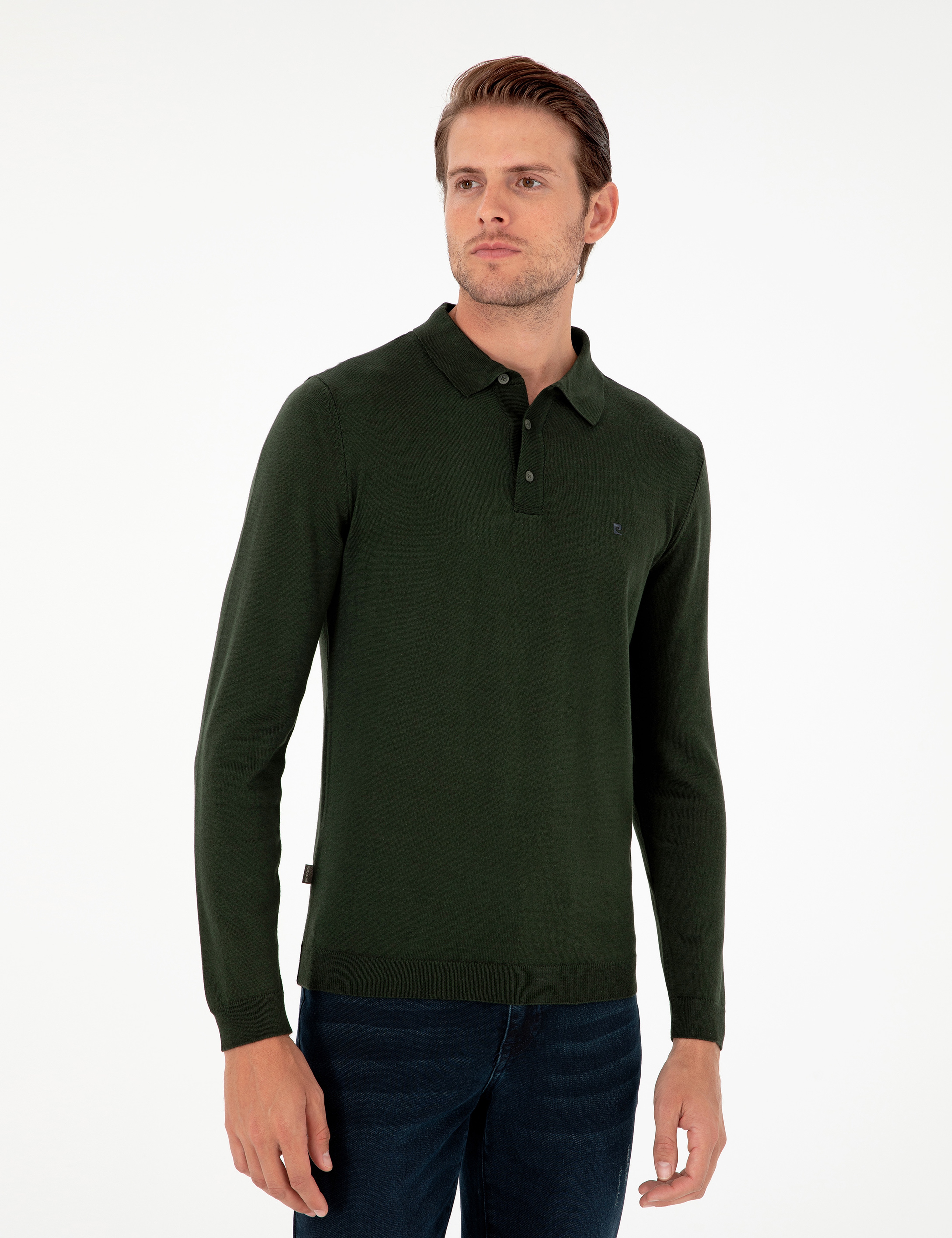 Koyu Yeşil Slim Fit Polo Yaka Basic Triko Kazak - Image 3