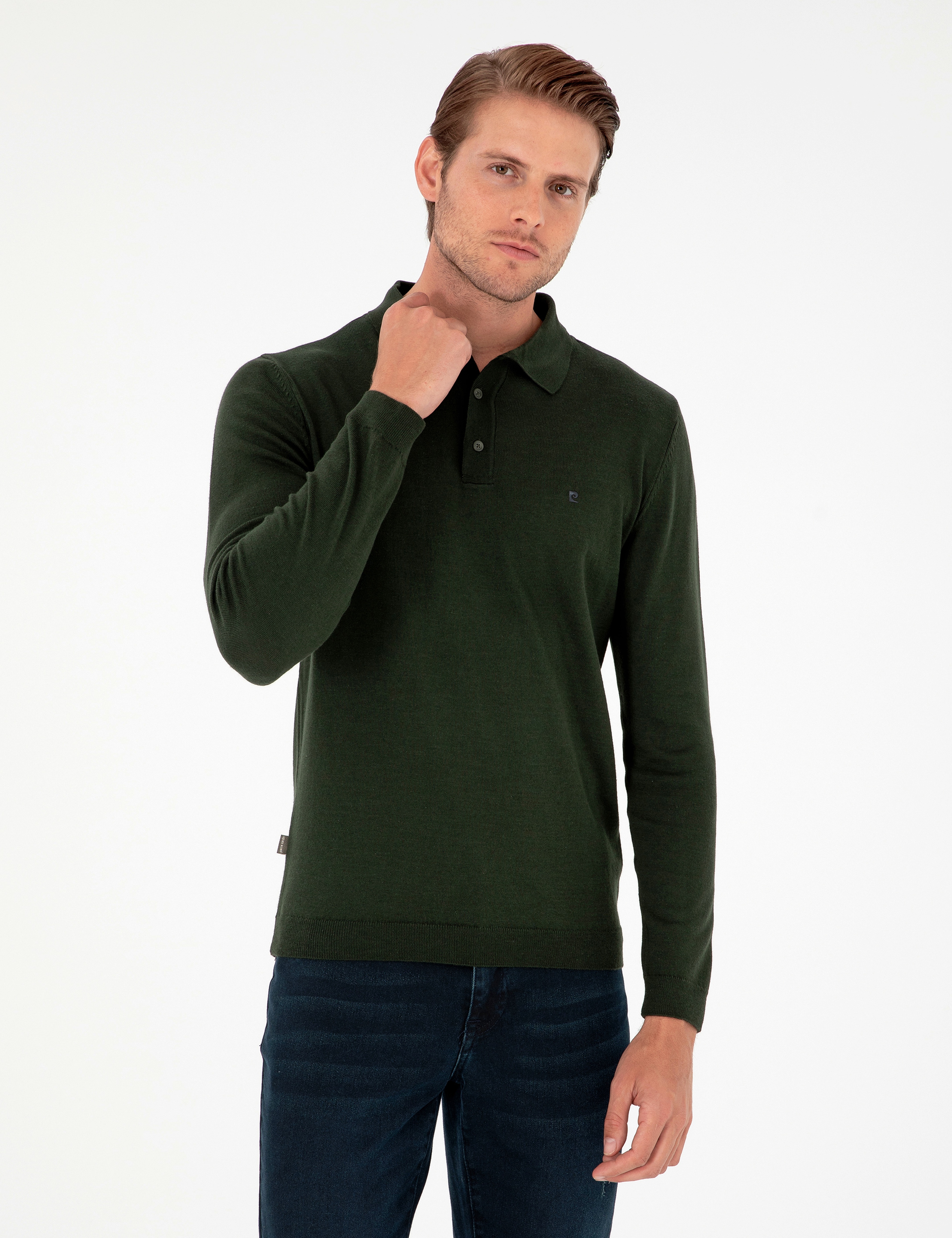 Koyu Yeşil Slim Fit Polo Yaka Basic Triko Kazak - Image 1