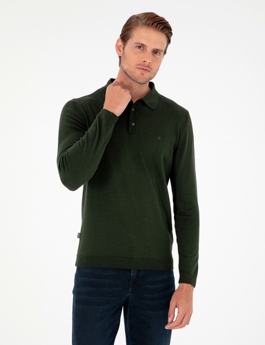 Koyu Yeşil Slim Fit Polo Yaka Basic Triko Kazak