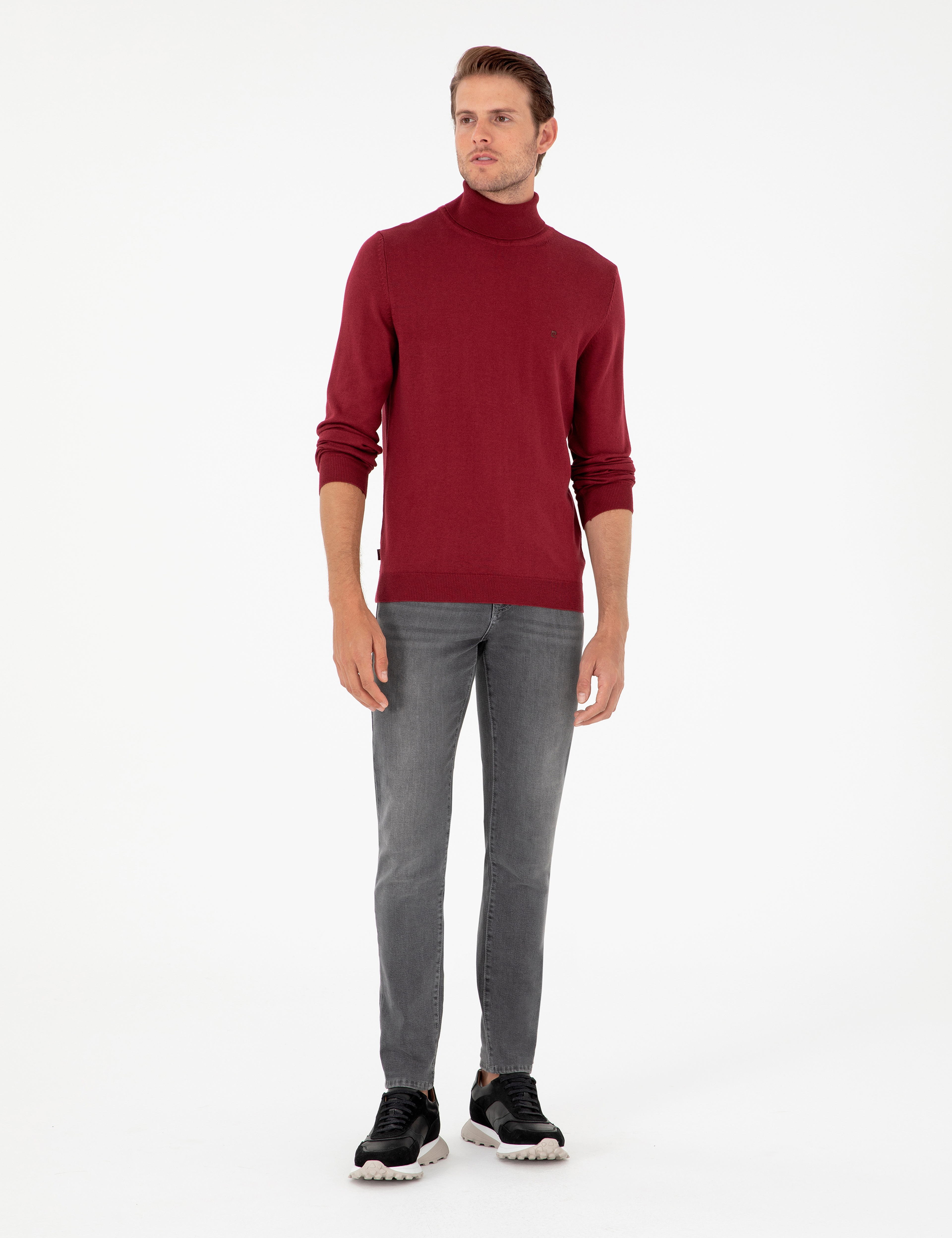 Vişne Slim Fit Balıkçı Yaka Basic Triko Kazak