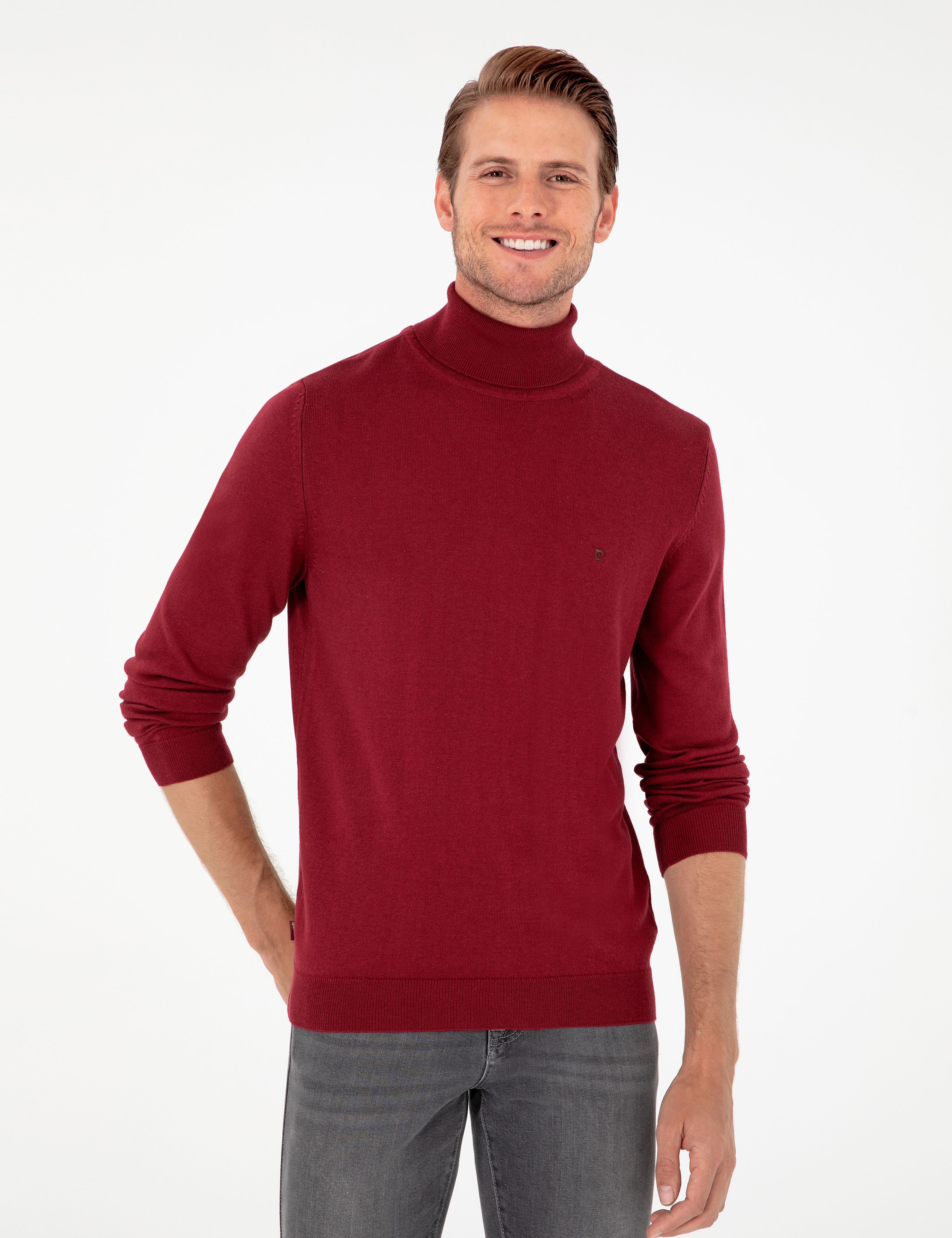 Vişne Slim Fit Balıkçı Yaka Basic Triko Kazak - Image 3