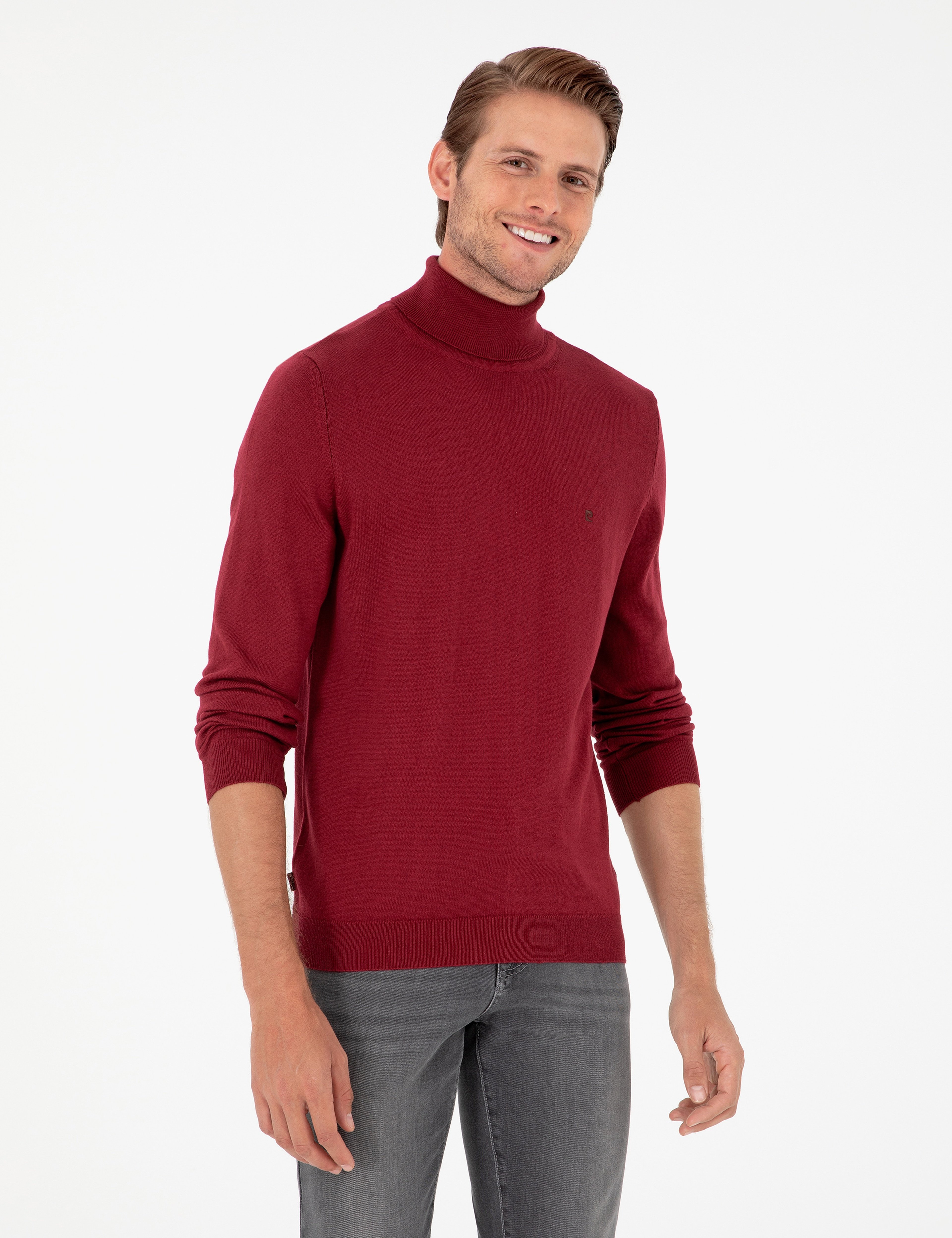 Vişne Slim Fit Balıkçı Yaka Basic Triko Kazak