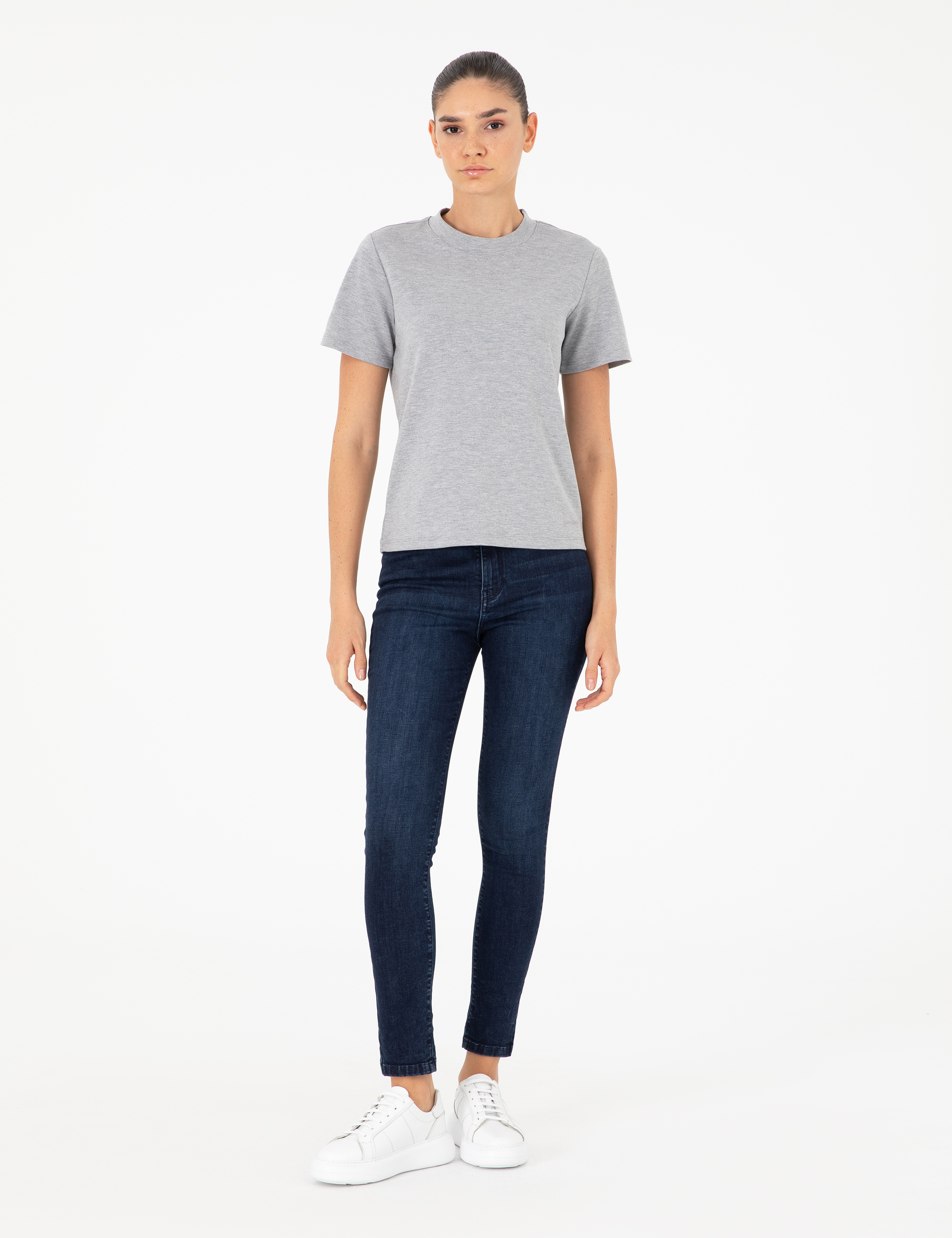 Gri Melanj Slim Fit Bisiklet Yaka Basic Tişört - Image 4