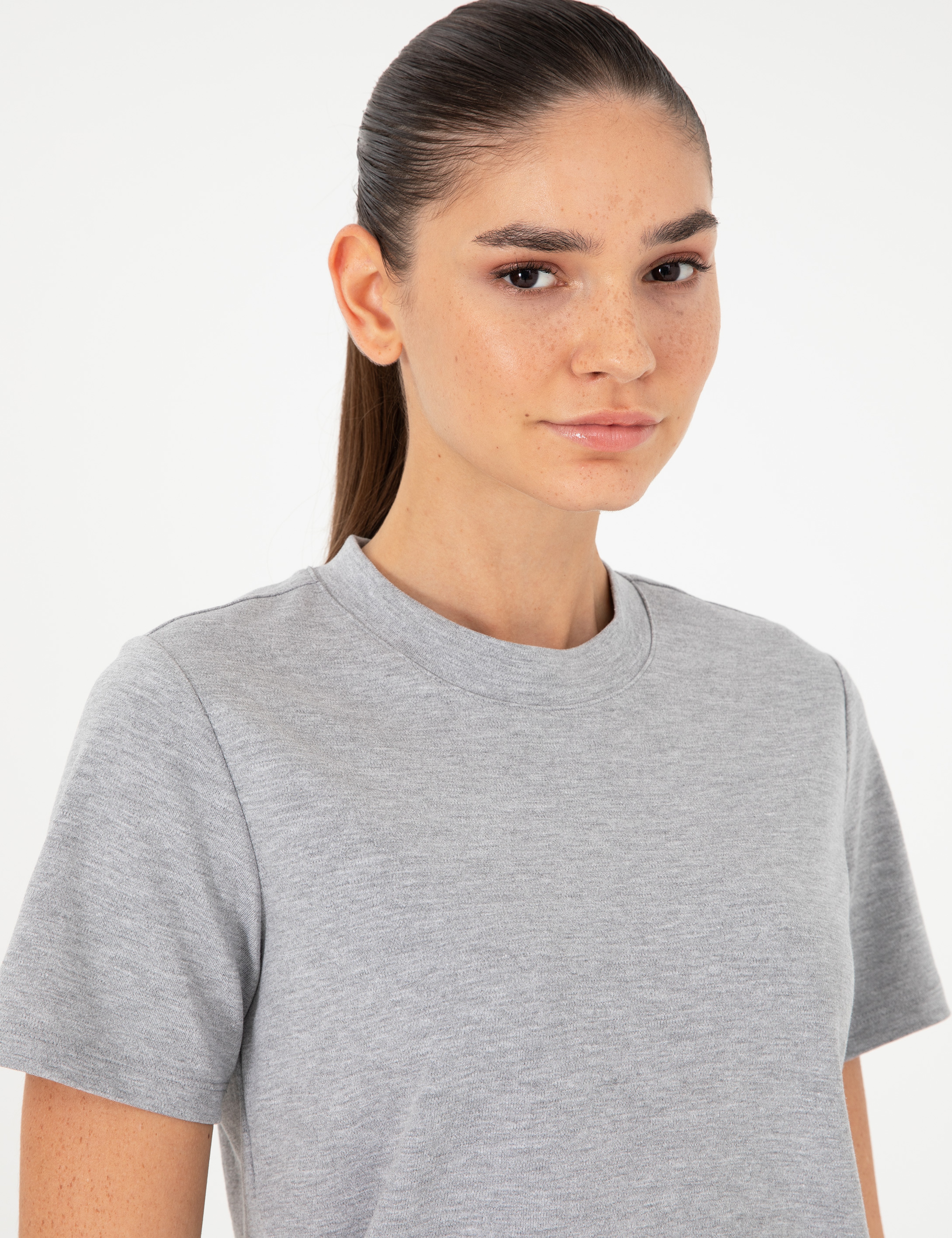 Gri Melanj Slim Fit Bisiklet Yaka Basic Tişört - Image 2