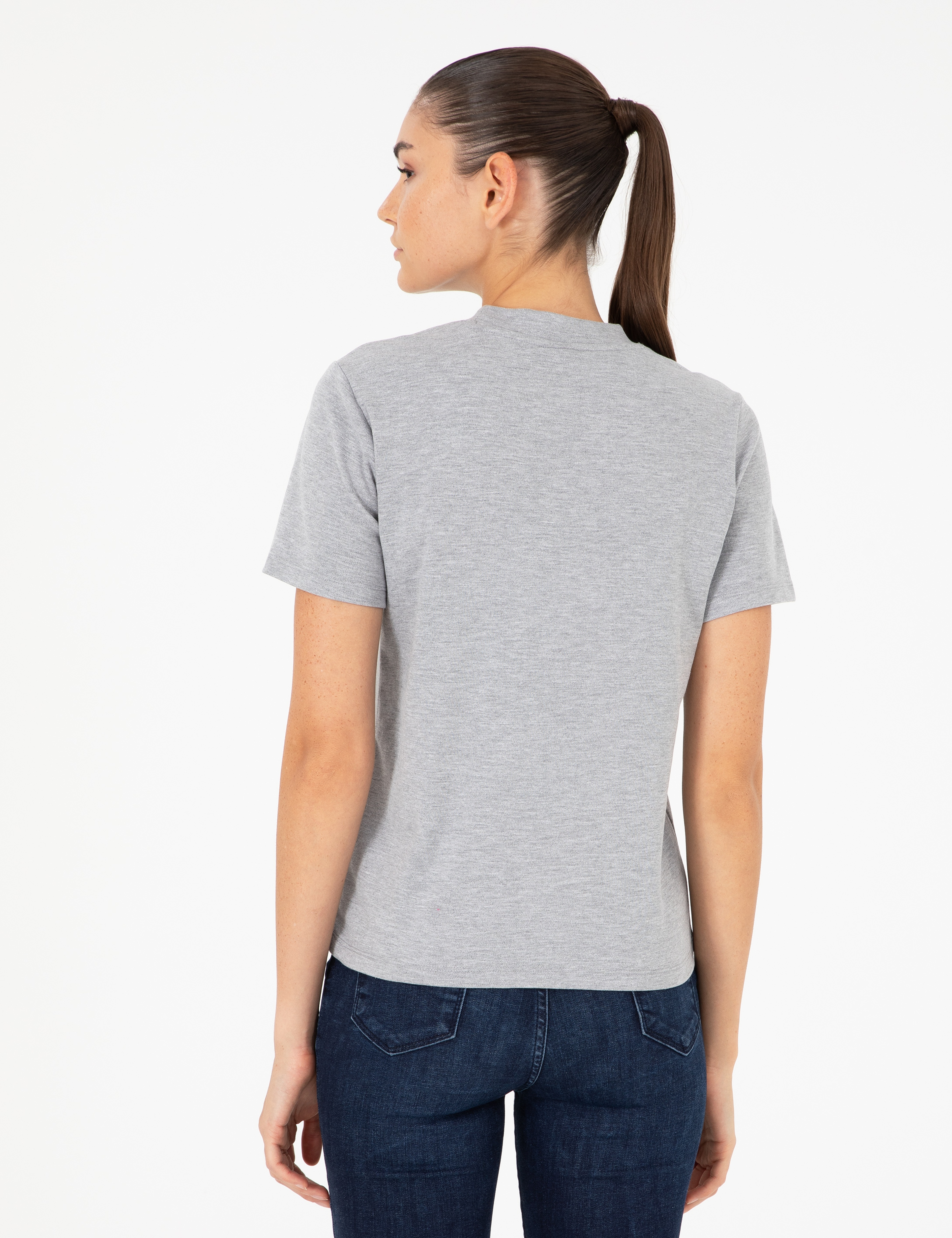 Gri Melanj Slim Fit Bisiklet Yaka Basic Tişört - Image 5