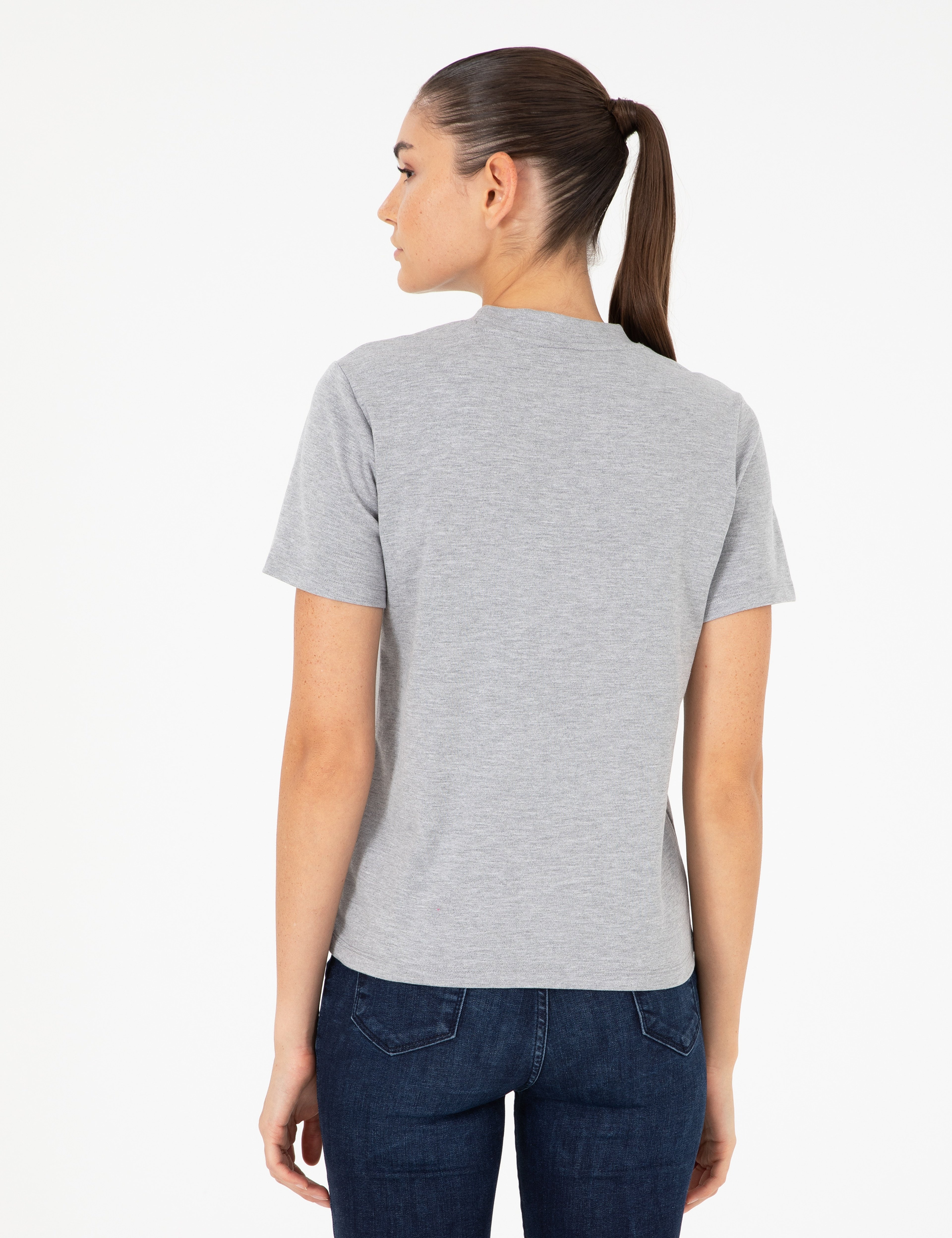 Gri Melanj Slim Fit Bisiklet Yaka Basic Tişört
