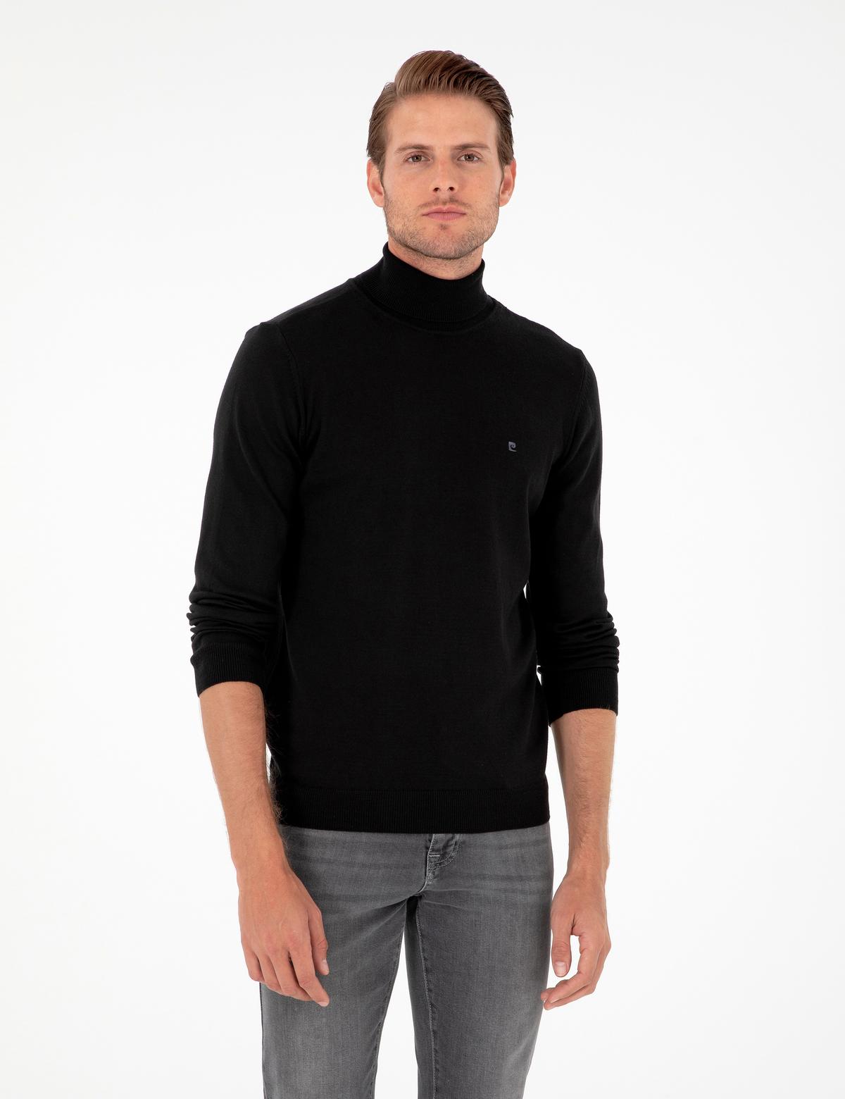 Siyah Slim Fit Balıkçı Yaka Basic Triko Kazak