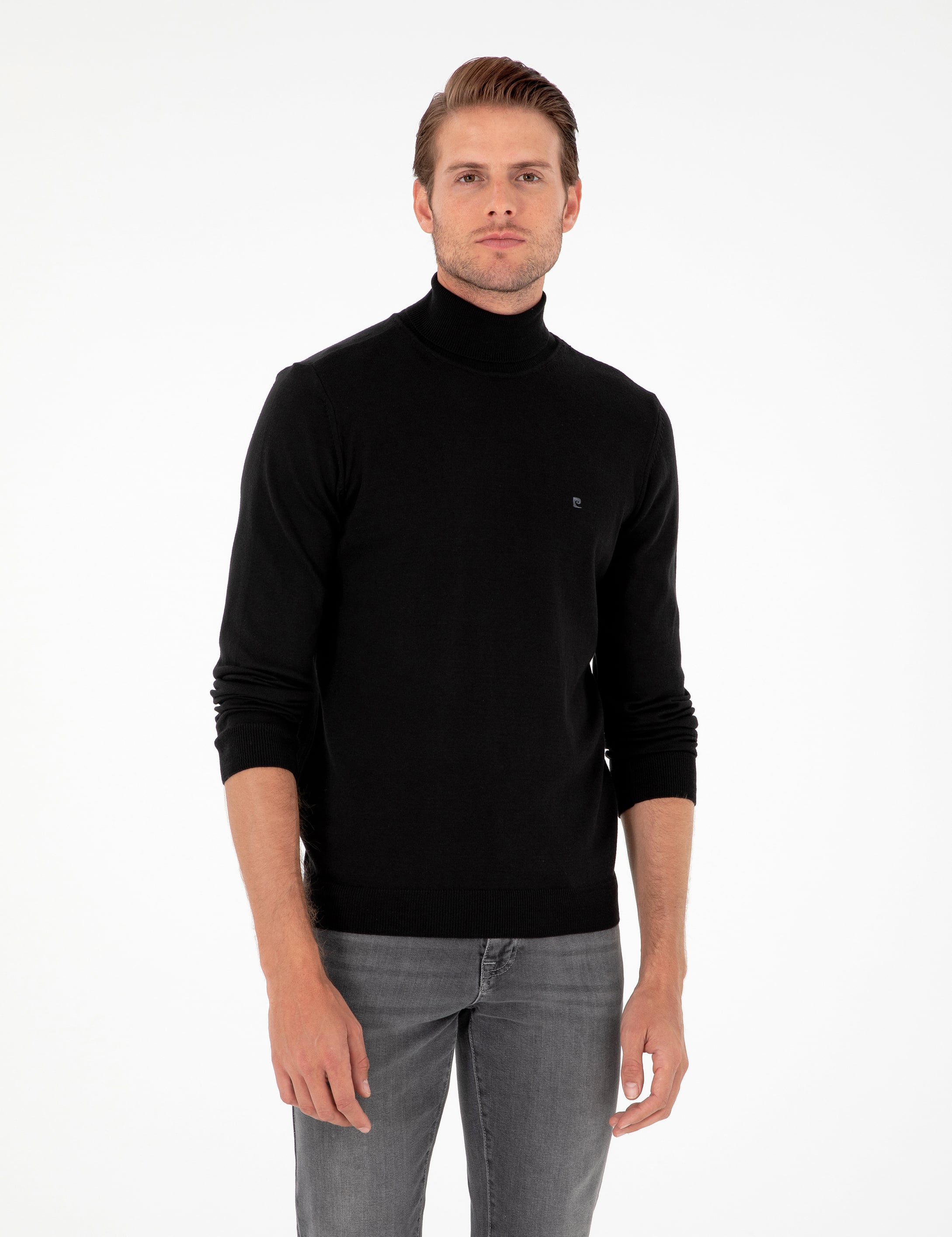 Siyah Slim Fit Balıkçı Yaka Basic Triko Kazak - Image 1