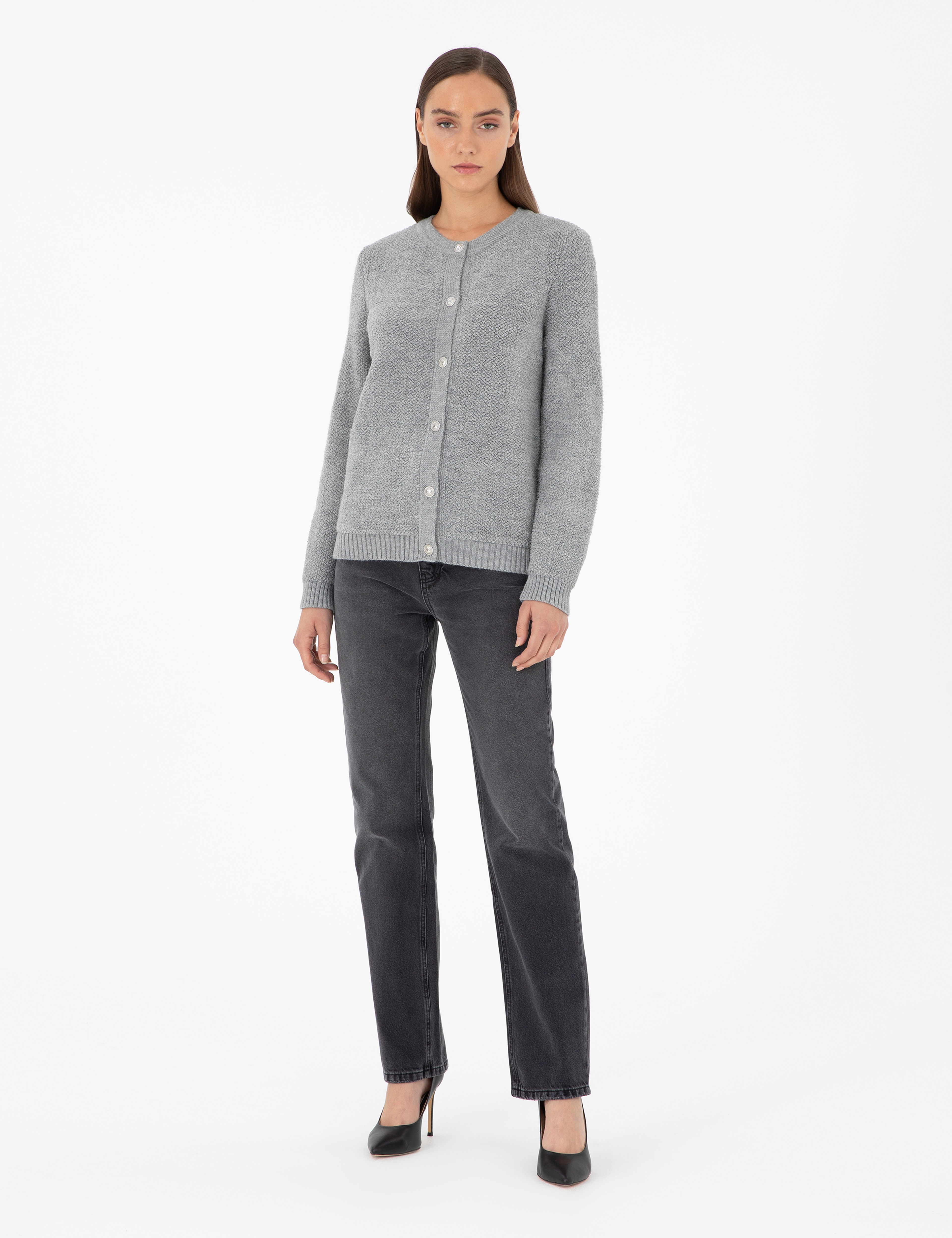 Gri Melanj Slim Fit Triko Hırka - Image 4