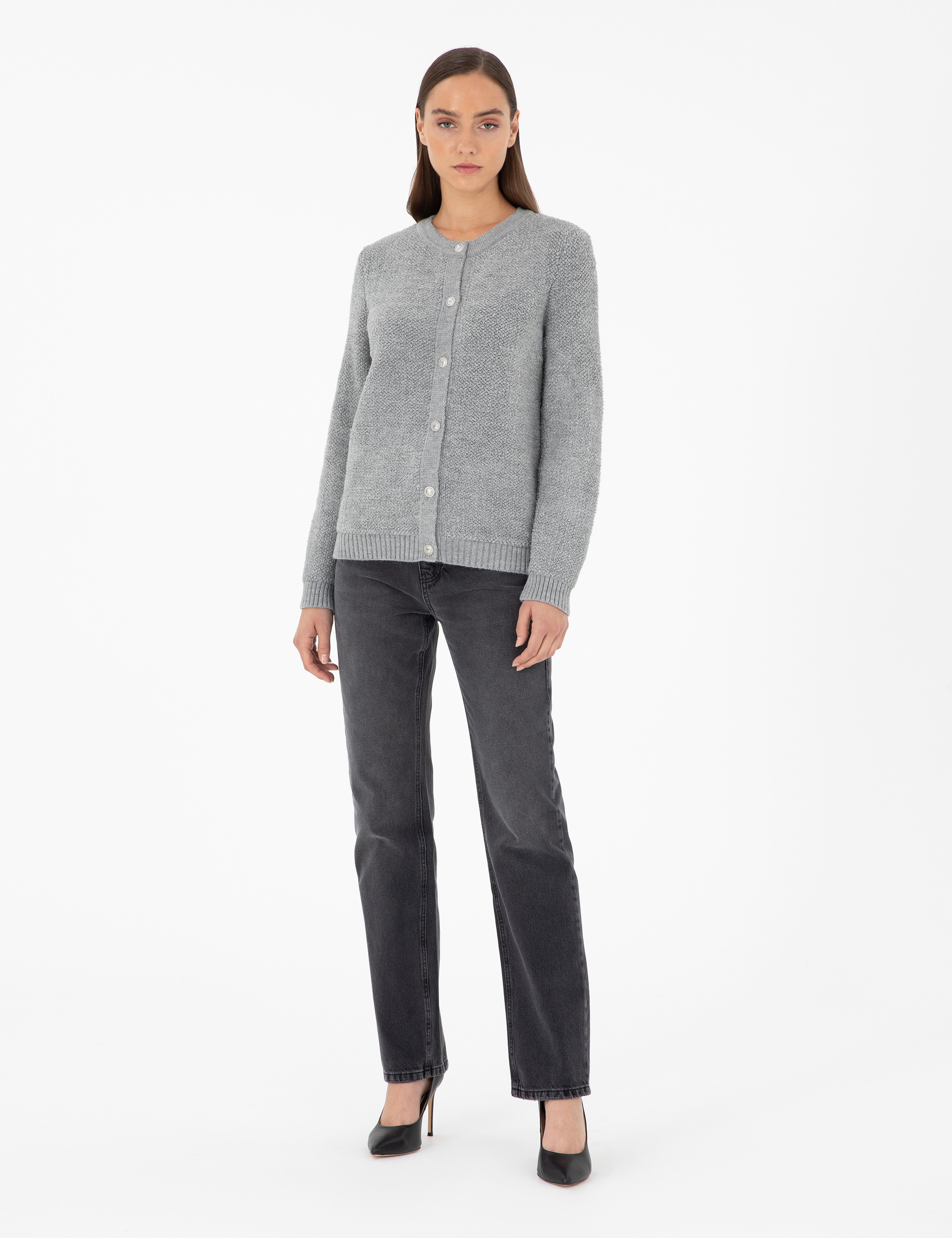 Gri Melanj Slim Fit Triko Hırka