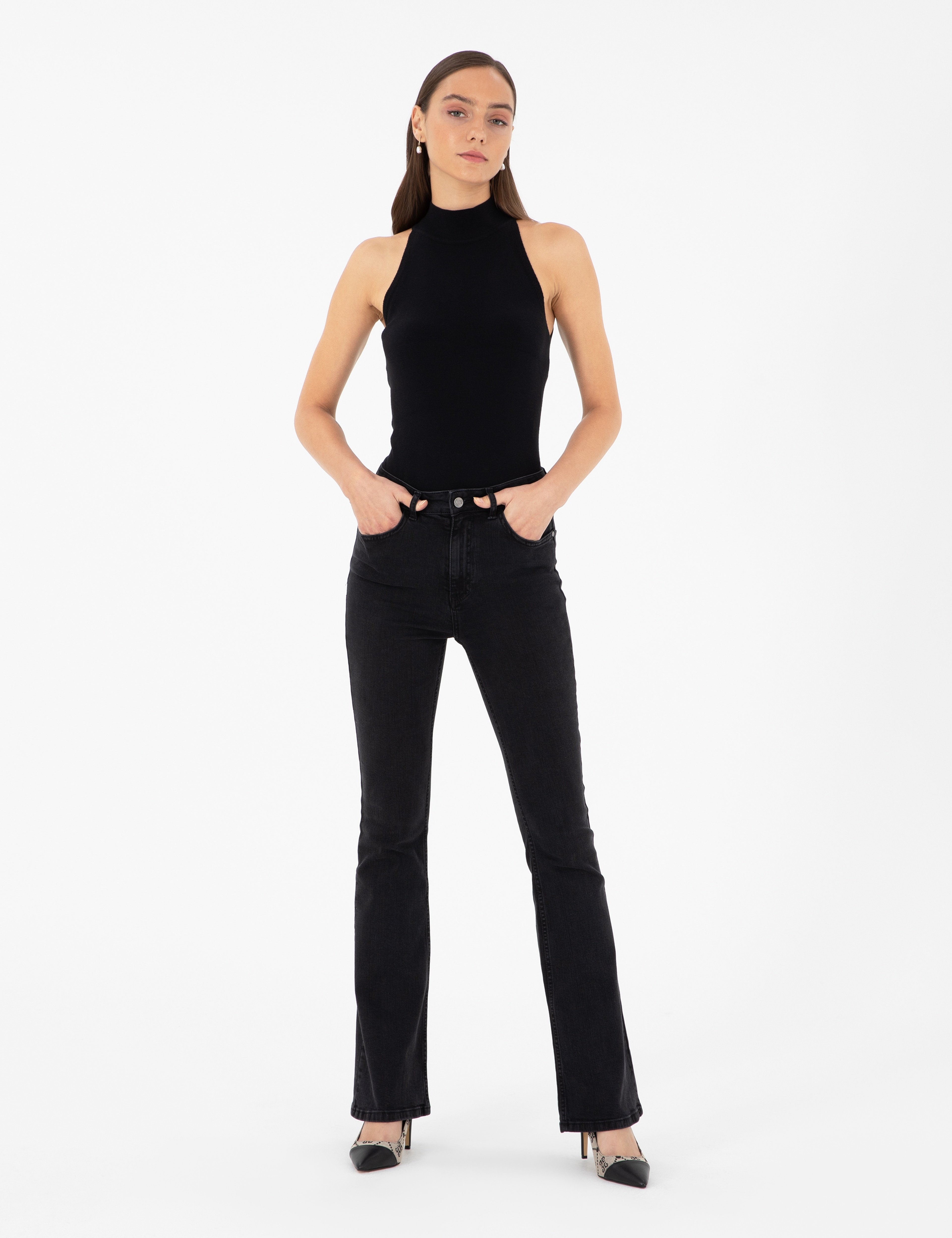 Siyah Skinny Flare Jean Pantolon