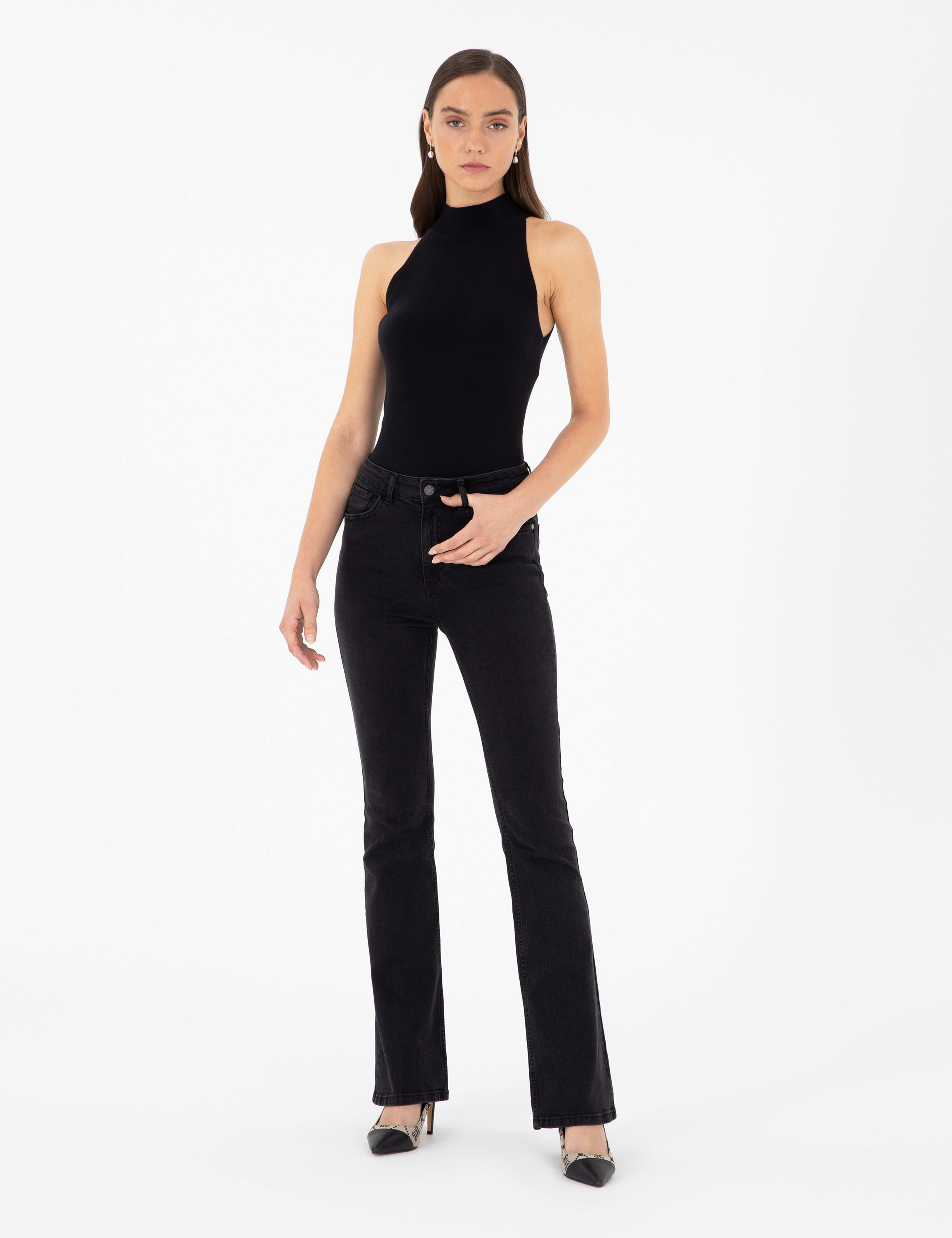Siyah Skinny Flare Jean Pantolon - Image 1