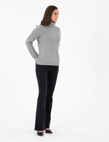 Gri Melanj Regular Fit Balıkçı Yaka Kazak