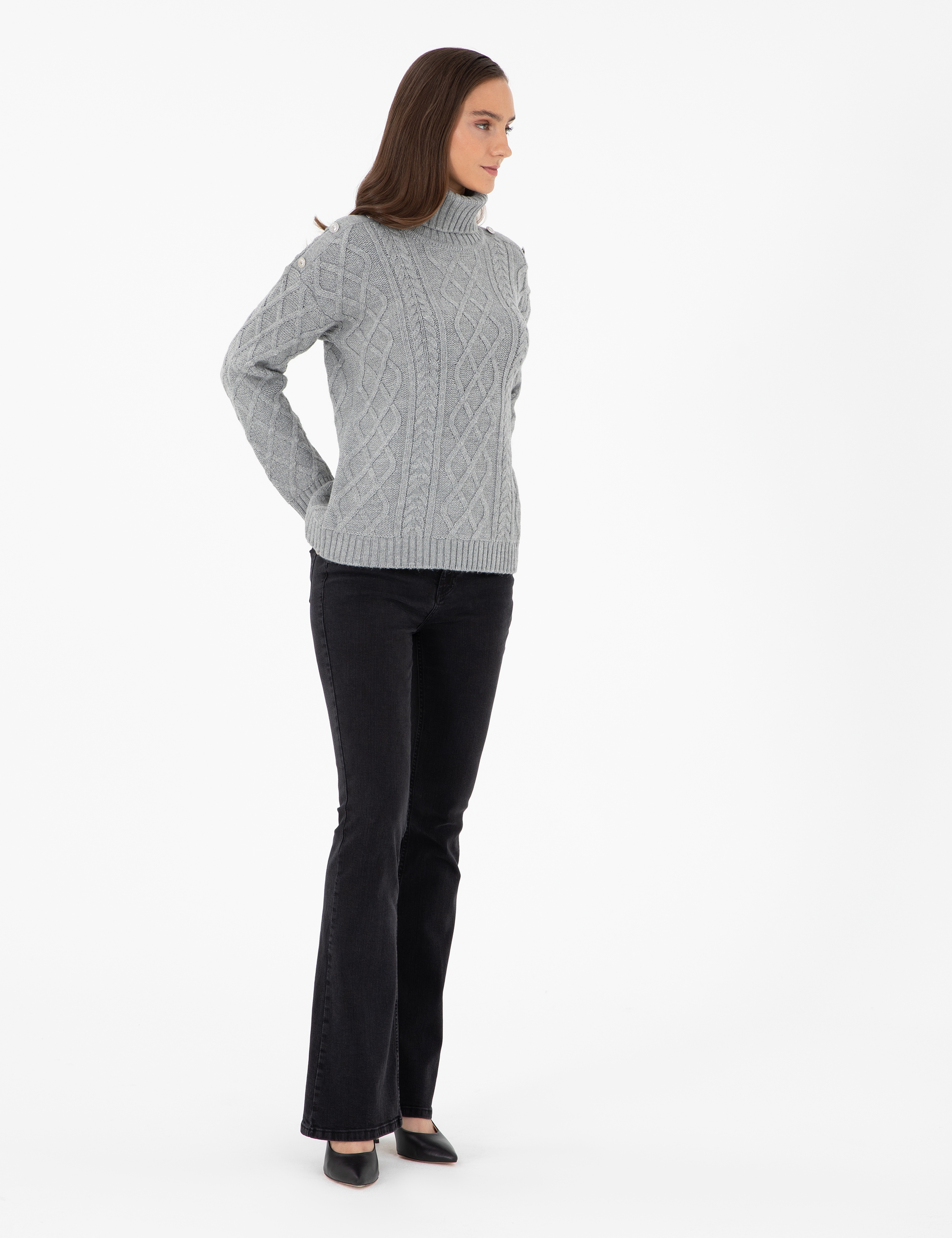 Gri Melanj Regular Fit Balıkçı Yaka Kazak