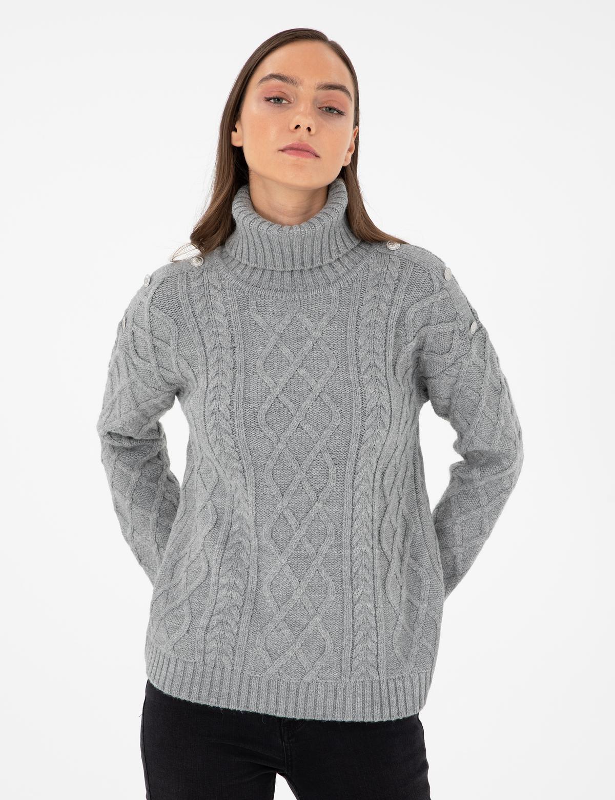 Gri Melanj Regular Fit Balıkçı Yaka Kazak - 50294435038