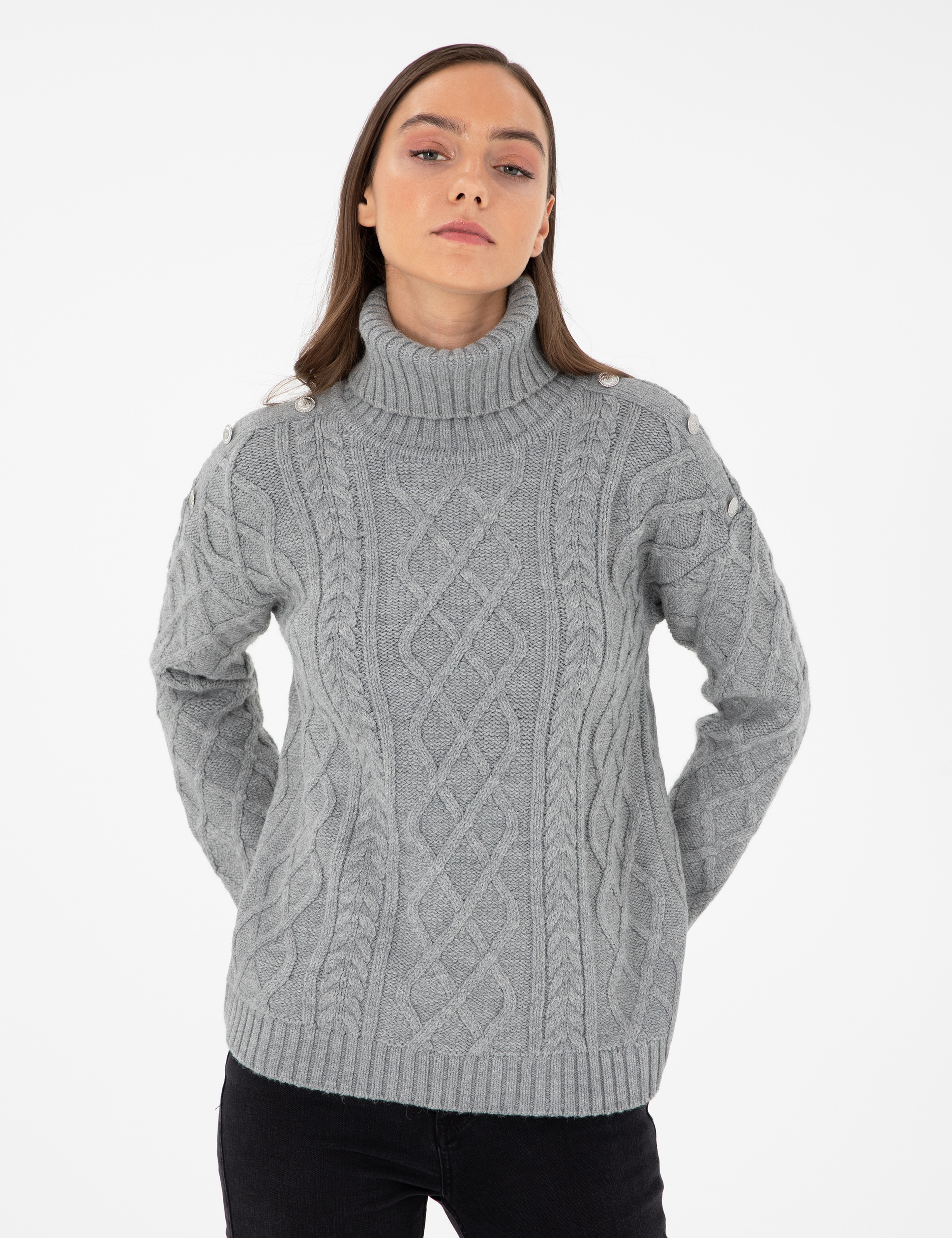 Gri Melanj Regular Fit Balıkçı Yaka Kazak - Image 1