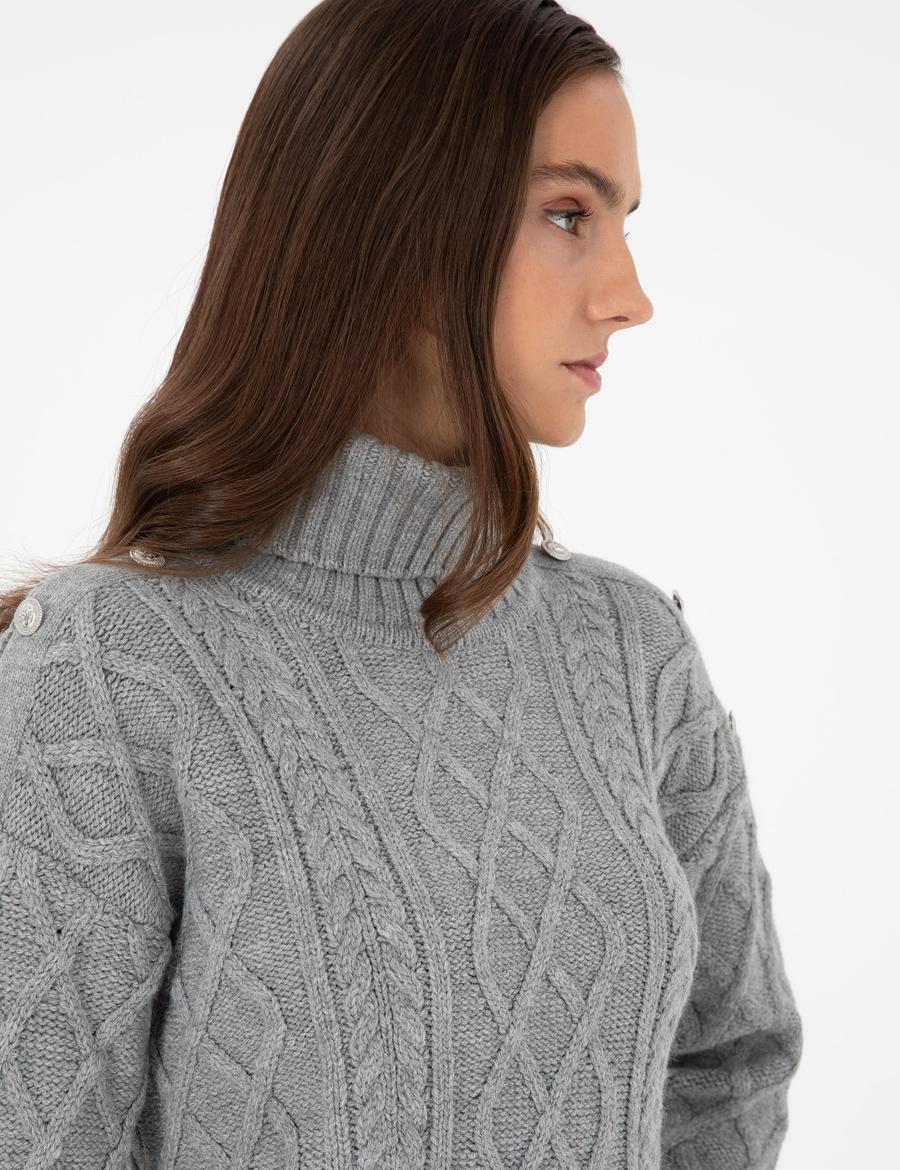 Gri Melanj Regular Fit Balıkçı Yaka Kazak