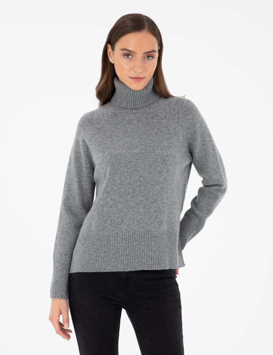 Gri Regular Fit Balıkçı Yaka Yün Kazak