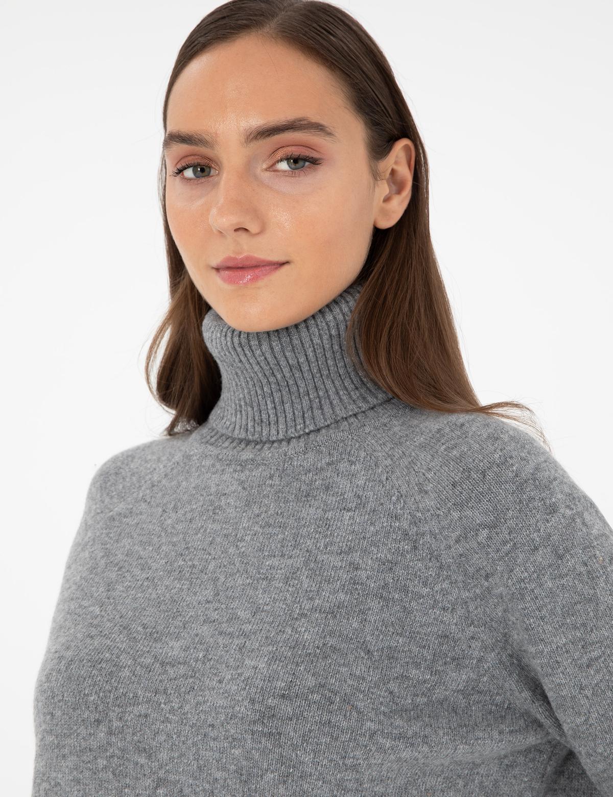 Gri Regular Fit Balıkçı Yaka Yün Kazak - 50296491006