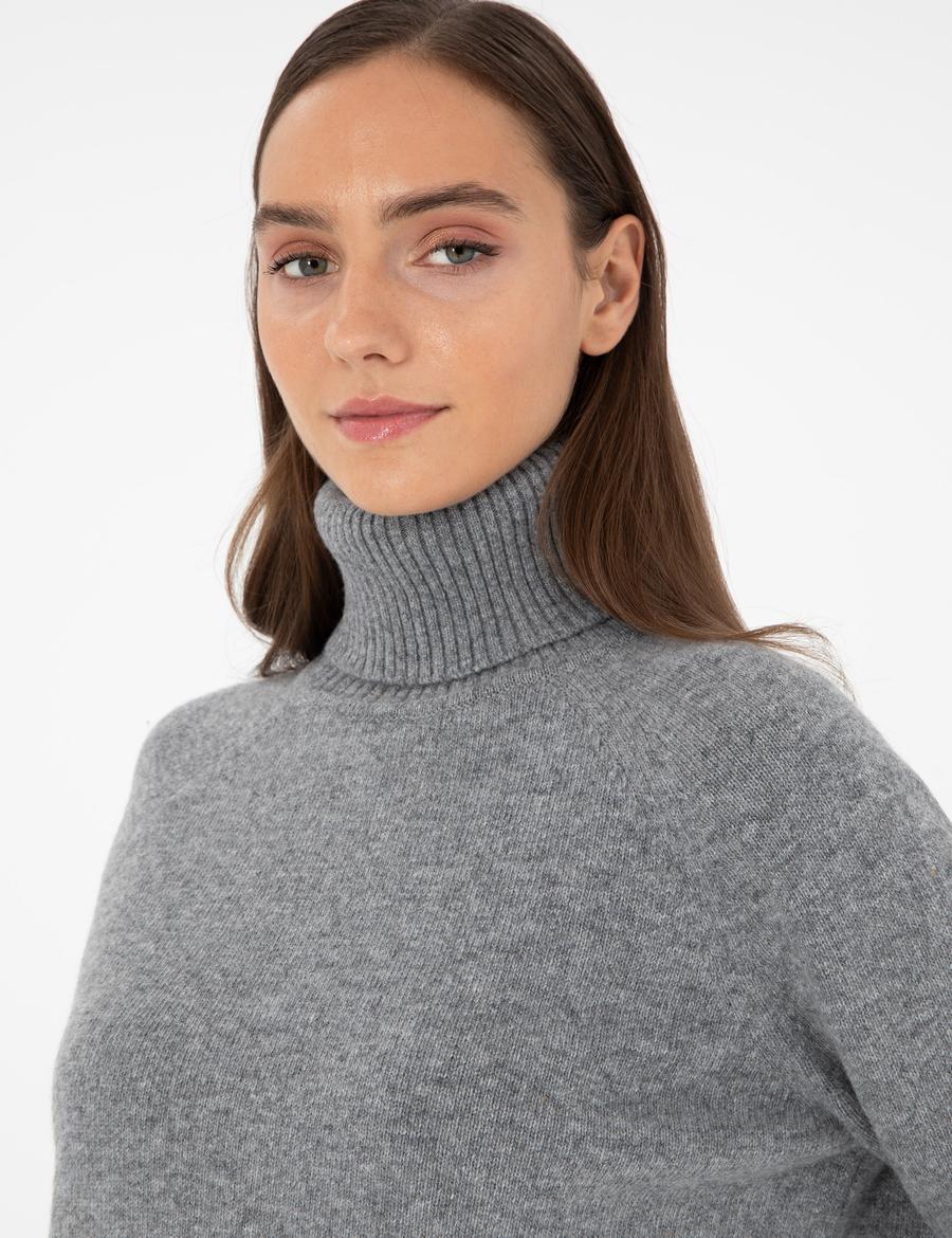 Gri Regular Fit Balıkçı Yaka Yün Kazak