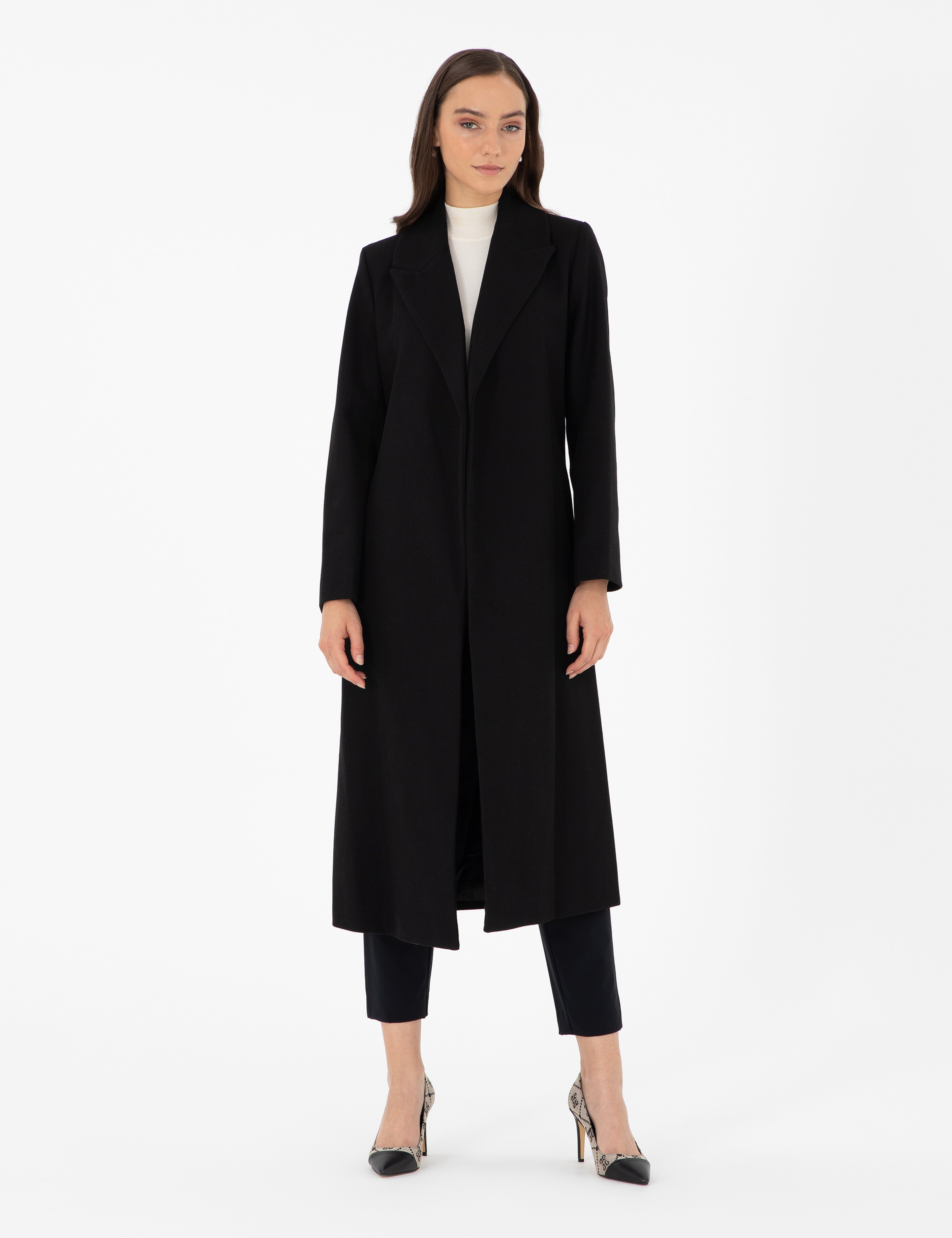 Siyah Yün Karışımlı Kaşe Kaban