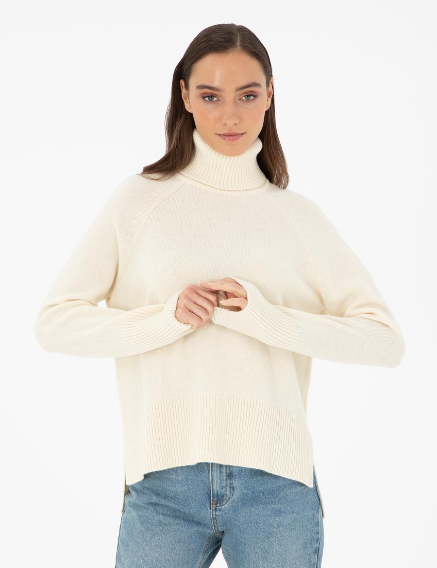 Ekru Regular Fit Balıkçı Yaka Yün Kazak