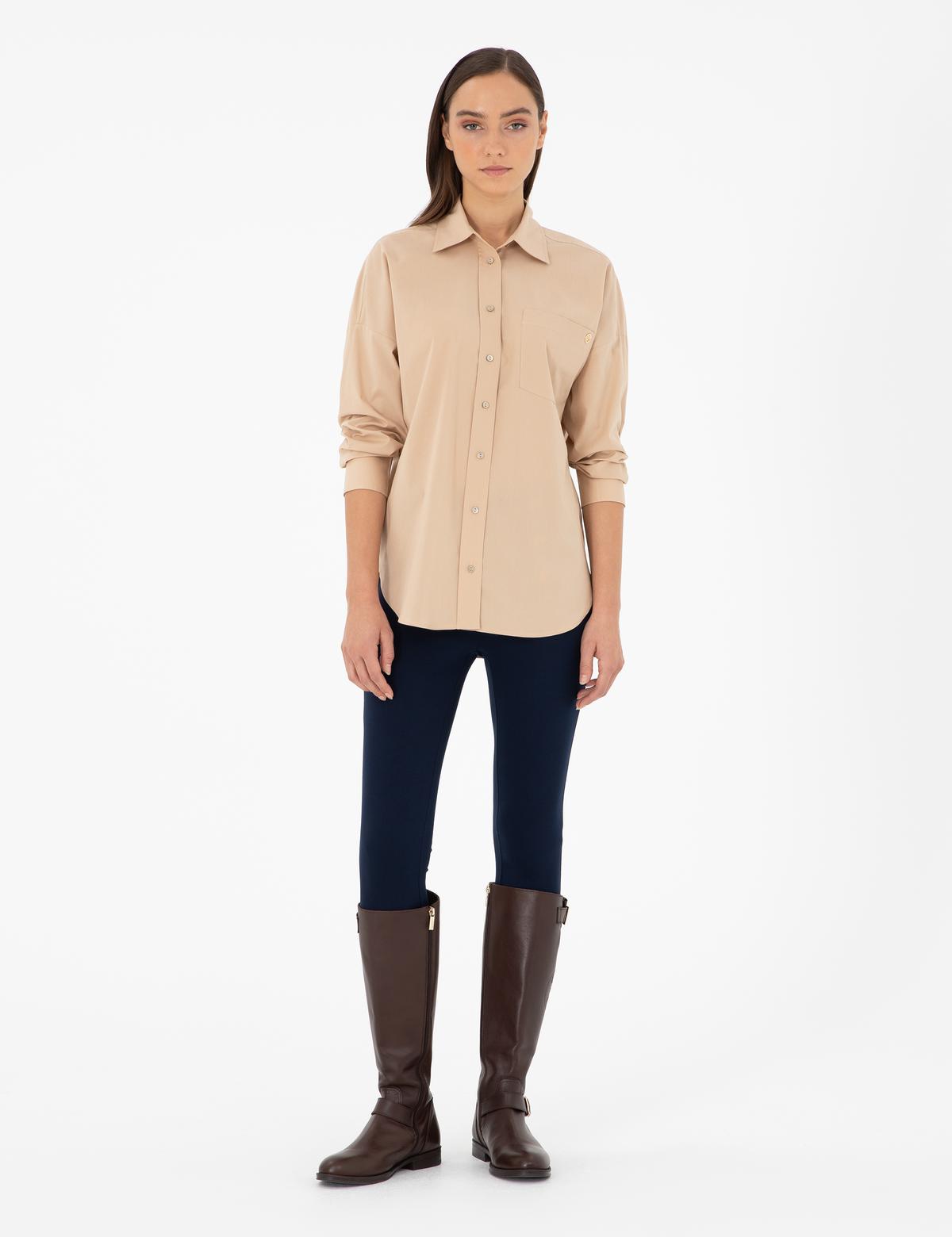 Bej Oversize Uzun Kollu Gömlek - 50299581049