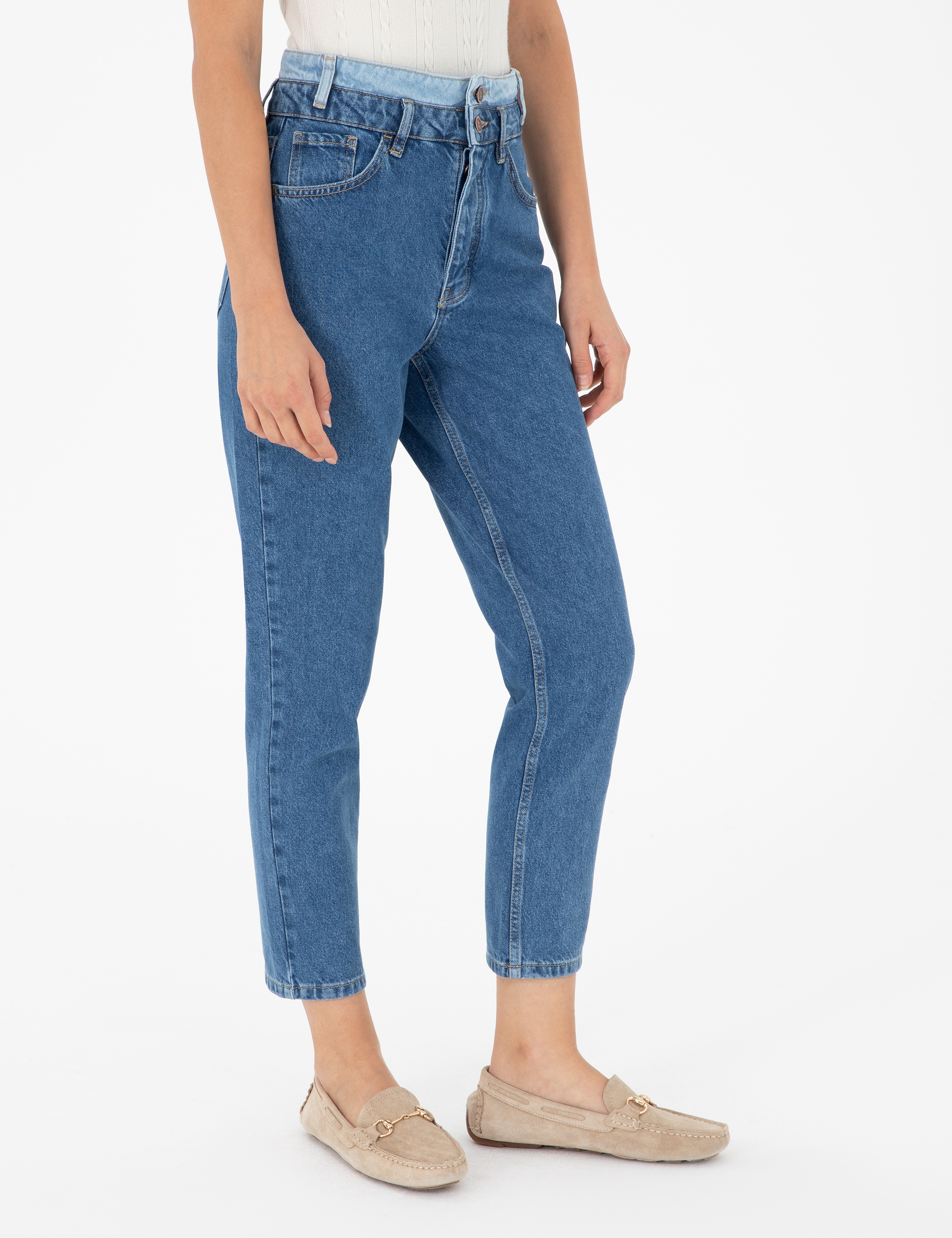 Koyu İndigo Mom High Waist Fit Jean Pantolon - Image 2