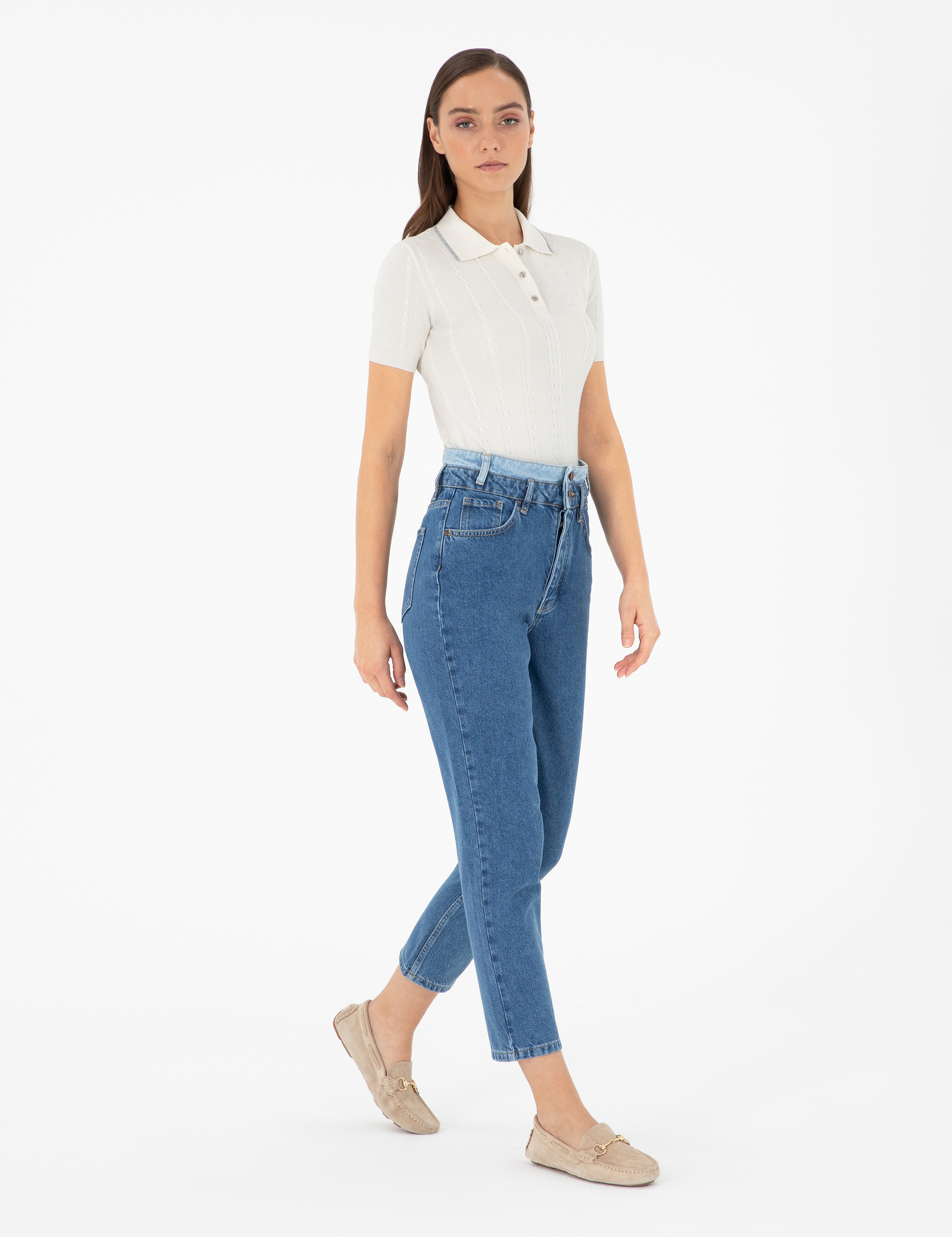 Koyu İndigo Mom High Waist Fit Jean Pantolon - Image 3