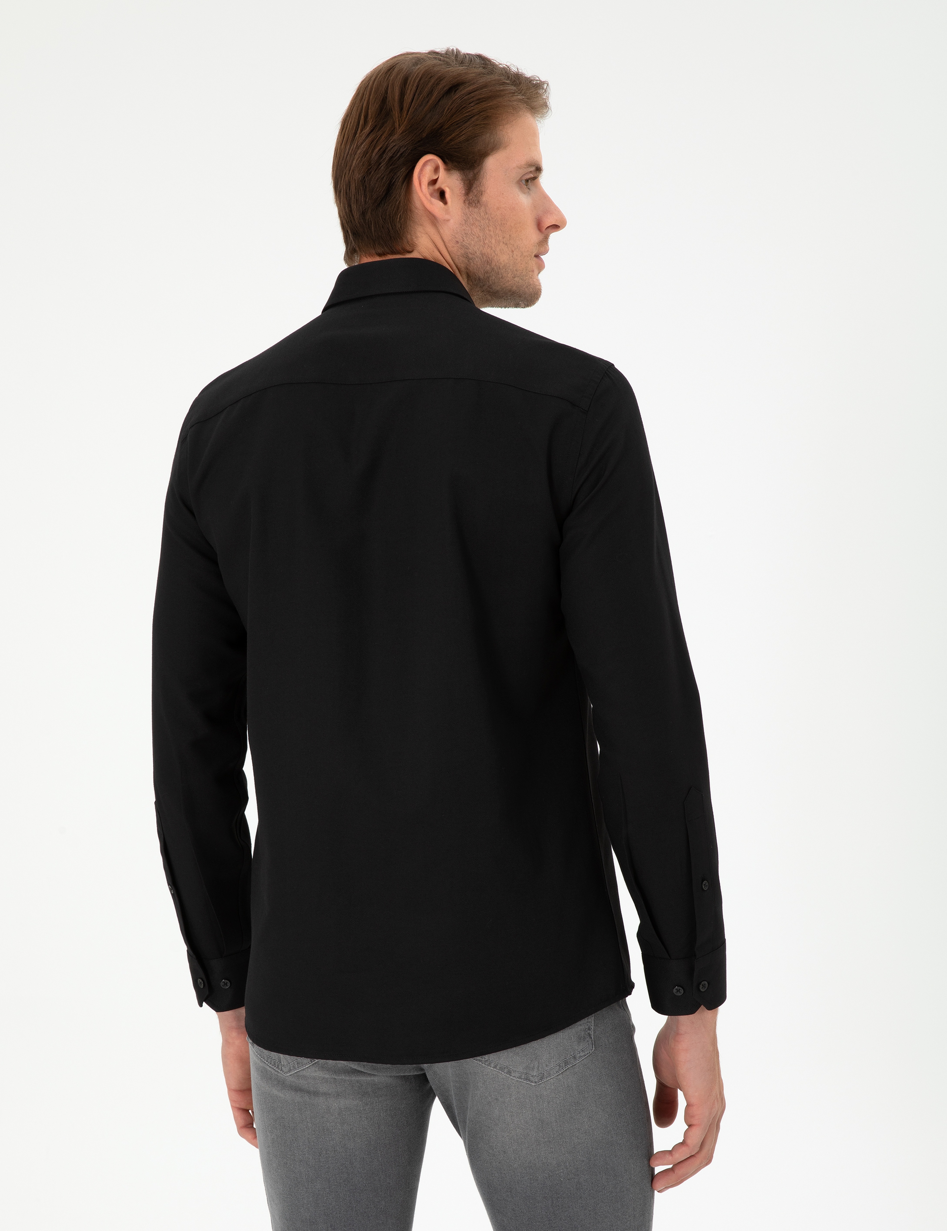 Siyah Oxford Slim Fit Uzun Kollu Gömlek - Image 5