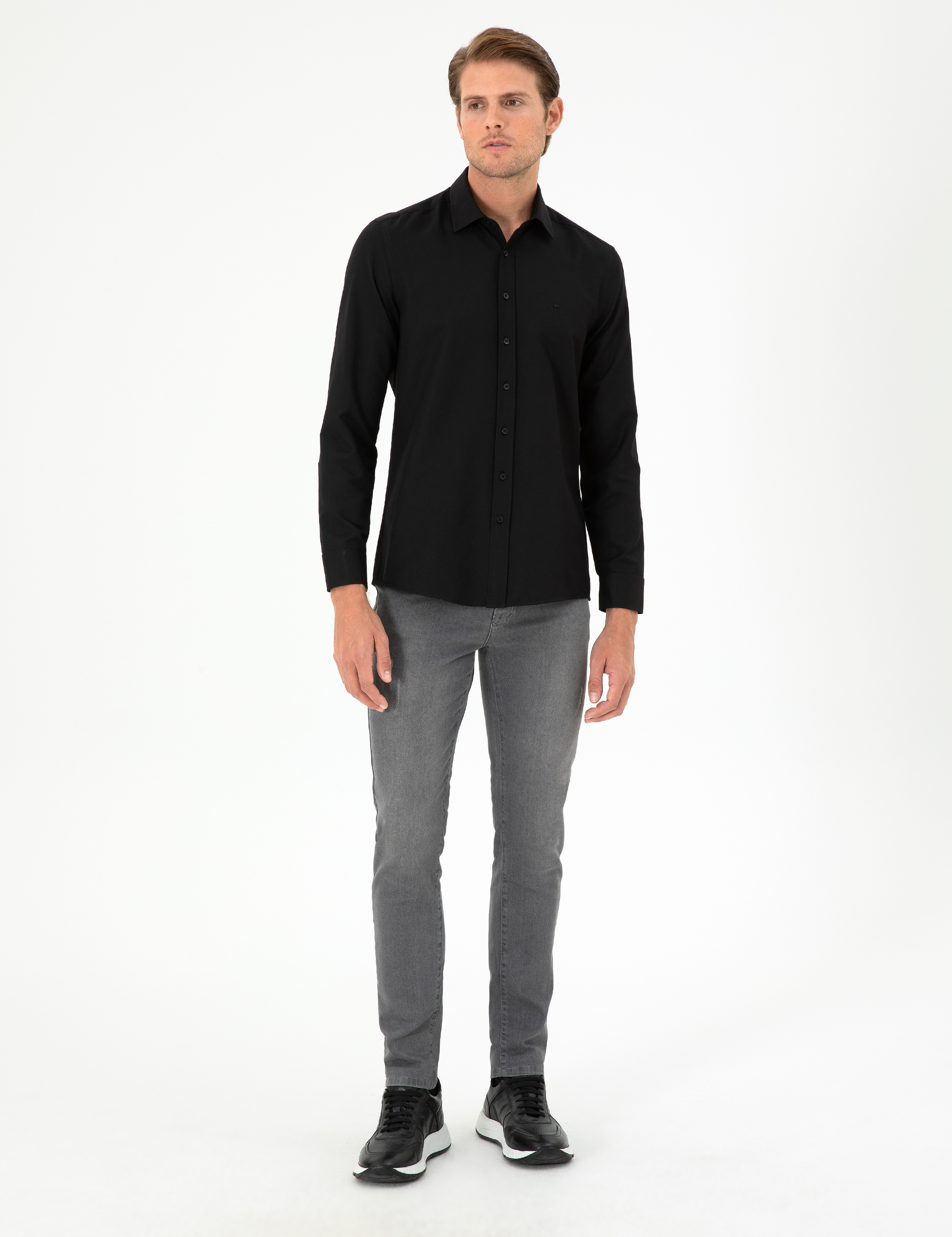 Siyah Oxford Slim Fit Uzun Kollu Gömlek - Image 4