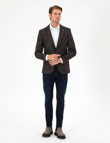 Kahverengi Yün Karışımlı Ex. Slim Fit Ceket