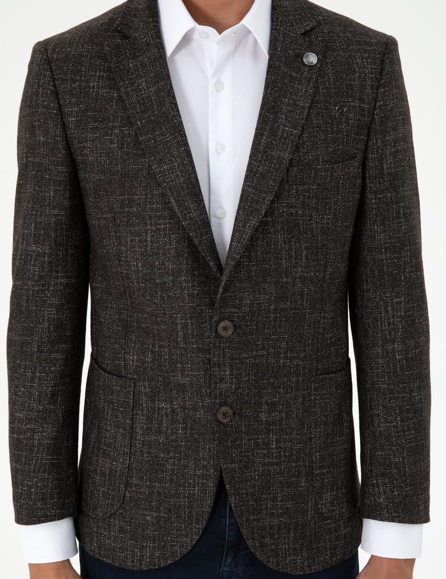 Kahverengi Yün Karışımlı Ex. Slim Fit Ceket
